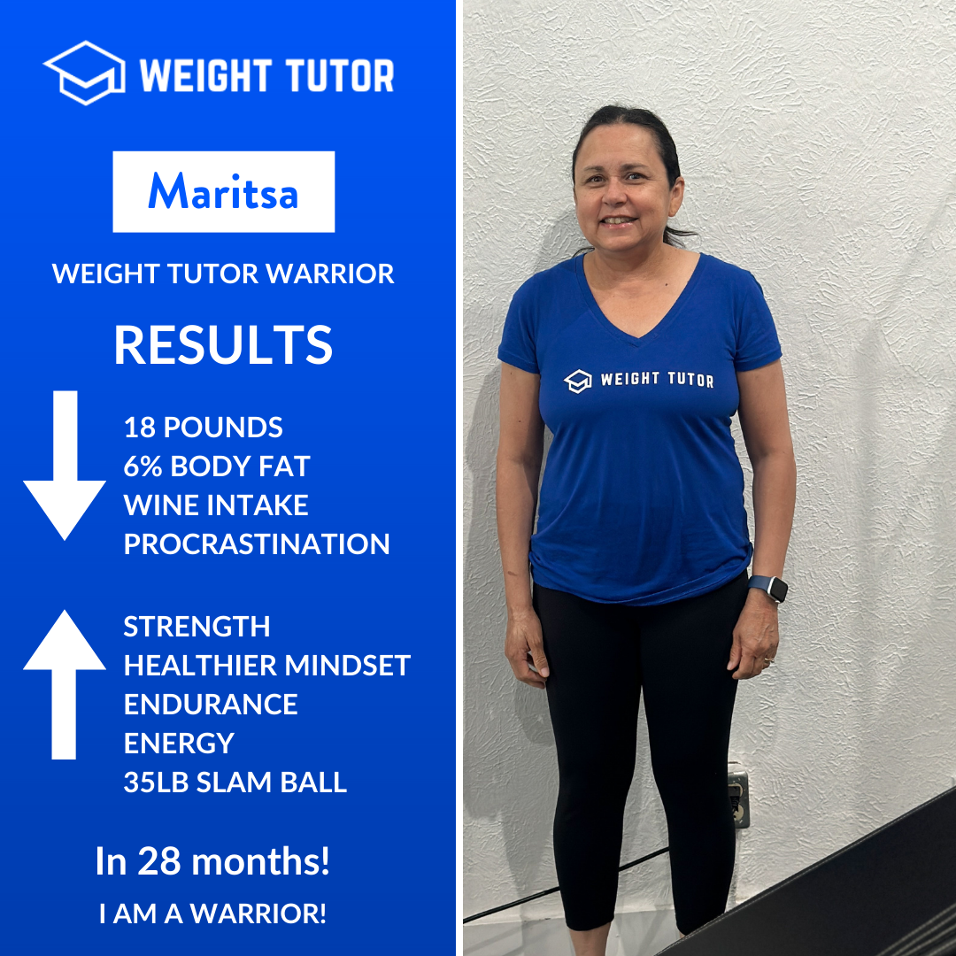 In 28 months, Maritsa lost 18 pounds and reduced body fat by 6% while cutting back on wine intake and procrastination. Strength training improved her endurance, energy, and mindset. Reaching a 35-pound slam ball milestone reflected her long-term cons