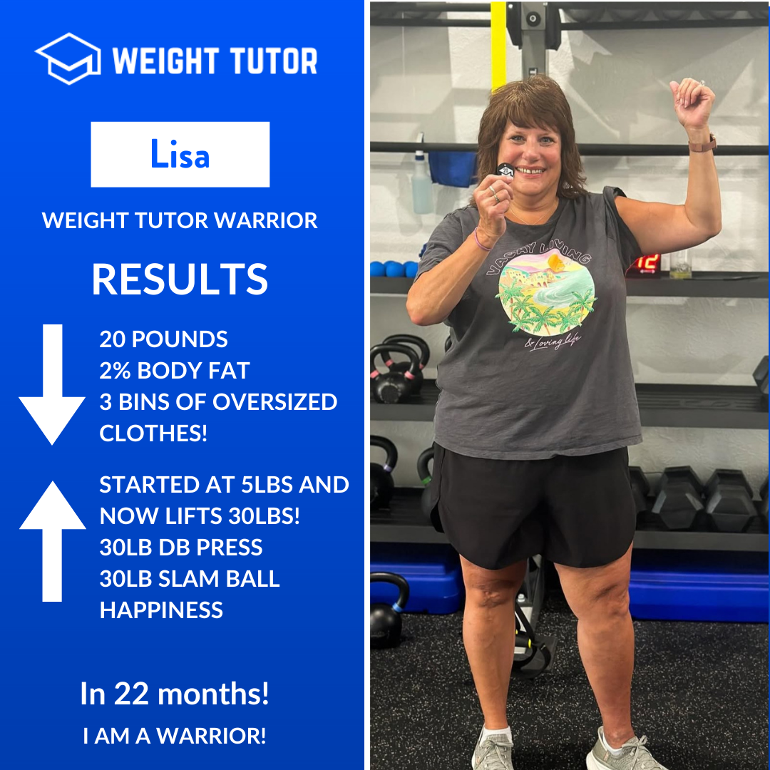 In 22 months, Lisa lost 20 pounds, reduced body fat, and cleared out three bins of oversized clothes. She built strength from the ground up, progressing from 5-pound weights to 30-pound dumbbell presses and slam balls. Along the way, she gained confi