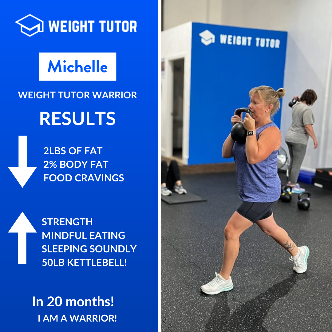 Weight Tutor client Michelle celebrating improved sleep, strength, and reduced cravings through women-only personal training.