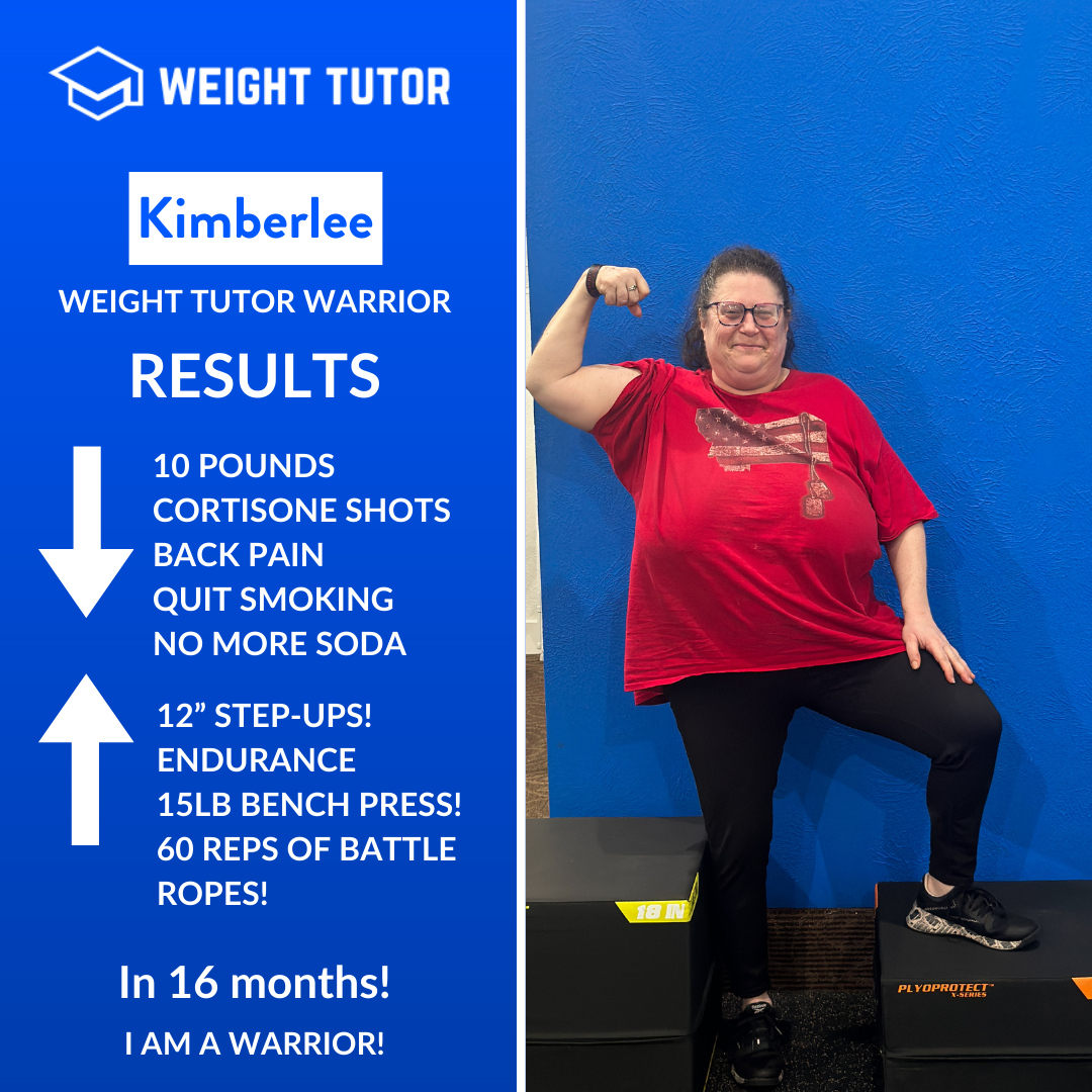 Weight Tutor client Kimberlee highlighting improved endurance and reduced back pain through women-focused strength training.
