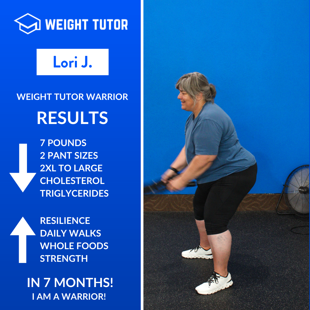Over 7 months, Lori lost 7 pounds and two pant sizes, moving from 2XL to large. Improvements in cholesterol and triglycerides came alongside better resilience and daily movement habits. Strength training and whole foods supported confidence and momen