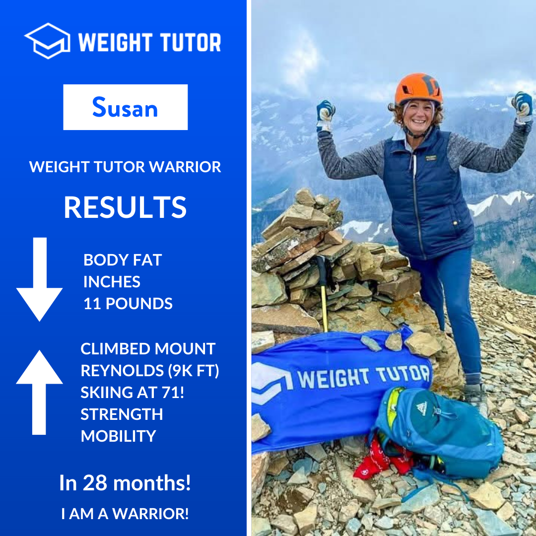 Weight Tutor client Susan celebrating climbing Mount Reynolds and skiing at age 71 after improving strength and mobility with a women-focused personal trainer.