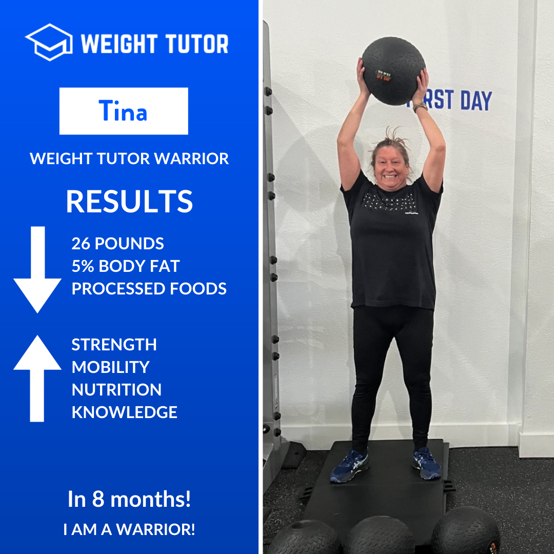 Weight Tutor client Tina celebrating weight loss, reduced processed foods, and improved mobility through women-only personal training.