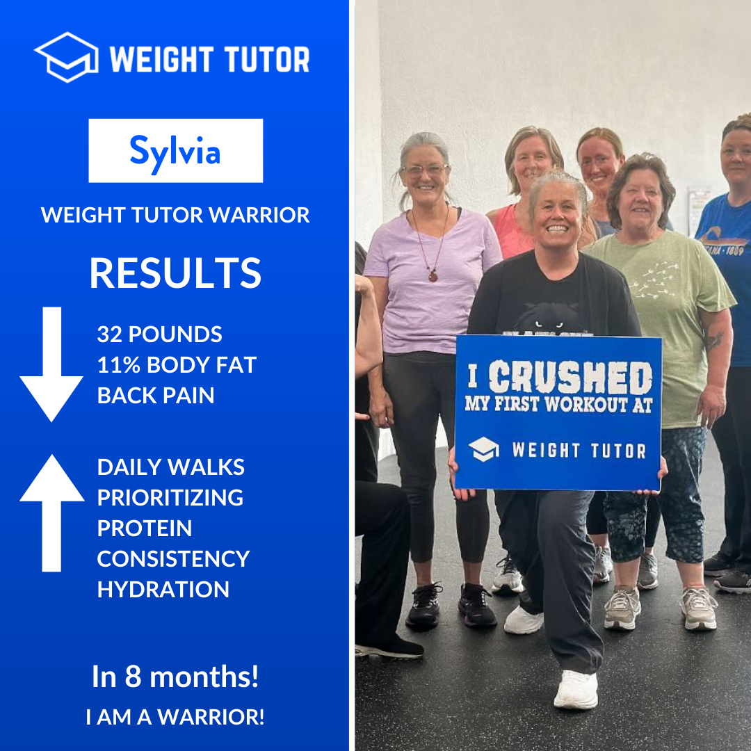 Weight Tutor client Sylvia celebrating significant weight loss and reduced back pain through women-focused personal training.