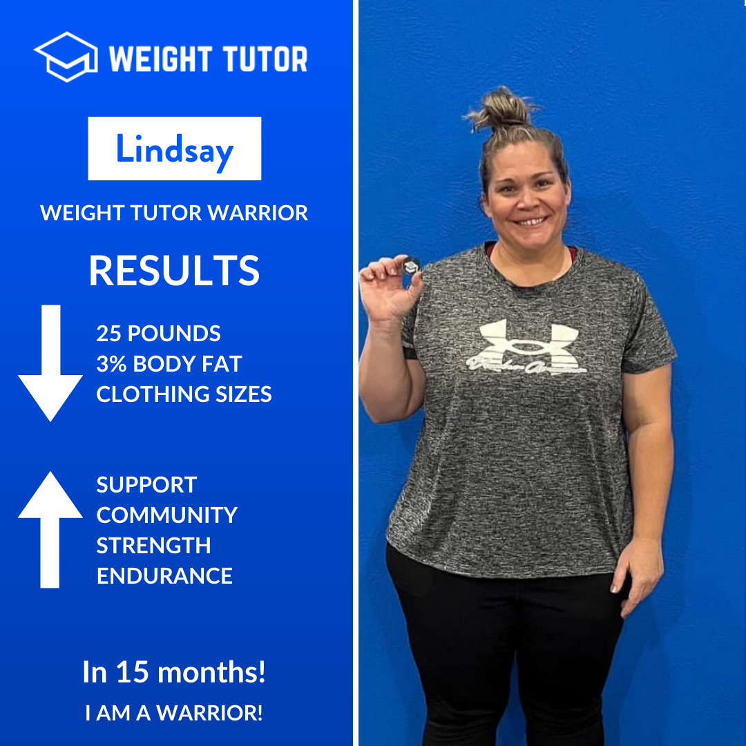 Weight Tutor client Lindsay celebrating steady weight loss and improved endurance through women-only personal training.