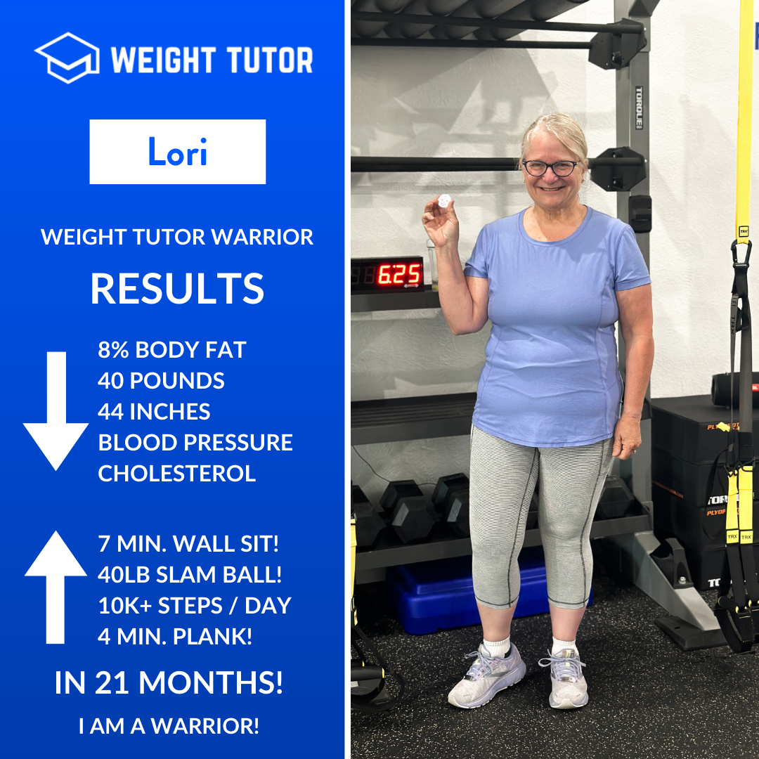 Weight Tutor client Lori celebrating significant weight loss, strength milestones, and improved heart health through women-focused personal training.