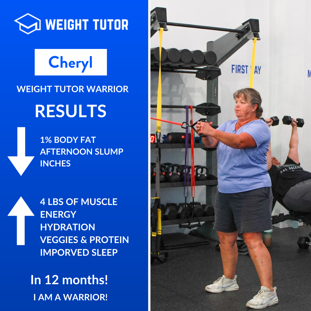 Weight Tutor client Cheryl highlighting muscle gain, improved energy, and recovery through women-only personal training.