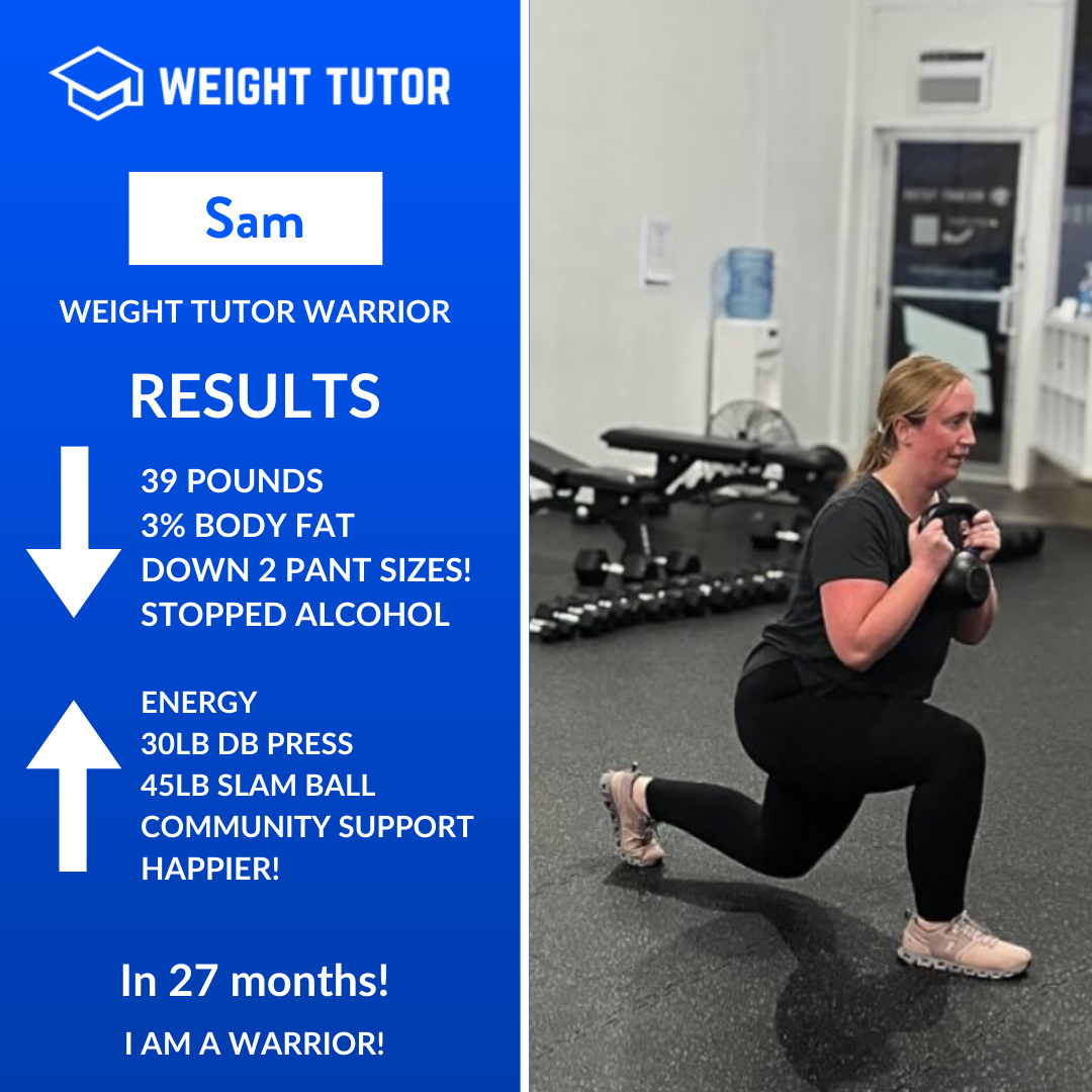 Weight Tutor client Sam celebrating weight loss, confidence, and consistency through women-only personal training.