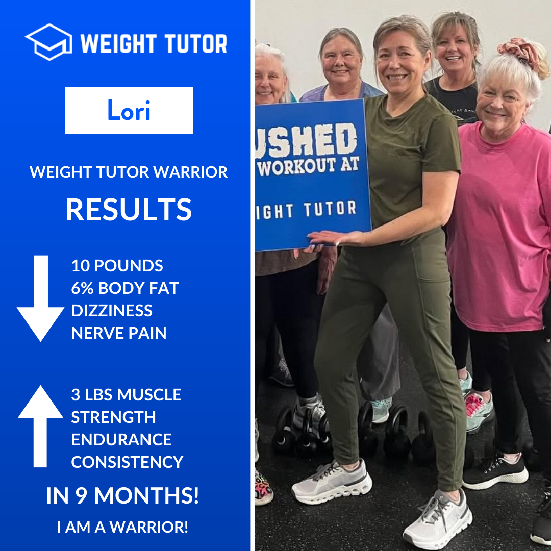 Weight Tutor client Lori celebrating reduced nerve pain and improved stability through women-focused personal training.