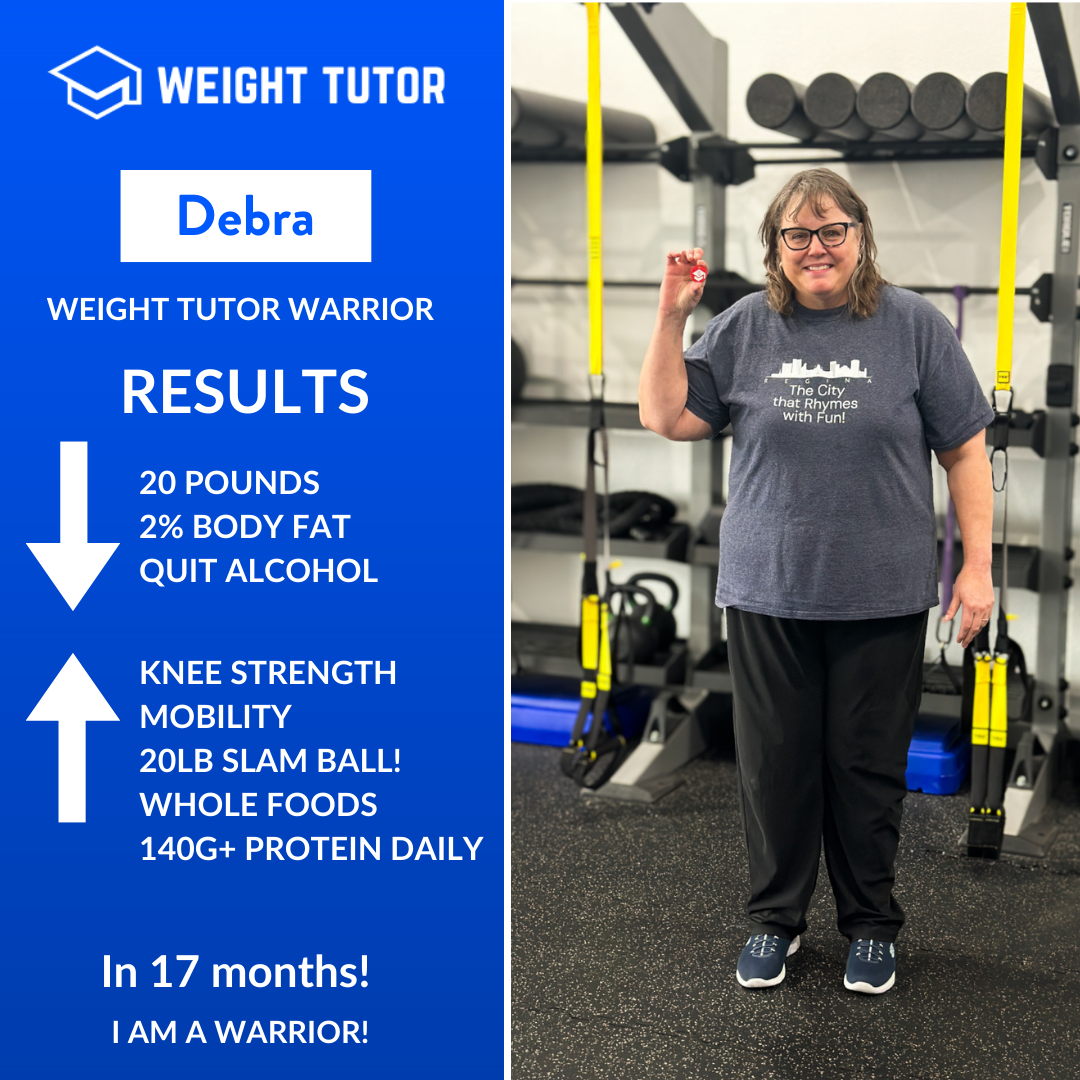 Weight Tutor client Debra marking improved mobility, knee strength, and consistency through training with a women-focused personal trainer.