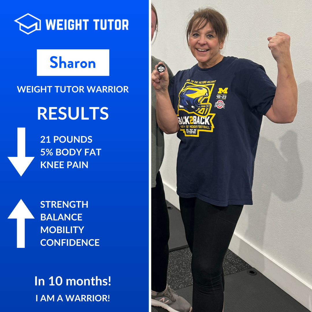 Weight Tutor client Sharon highlighting reduced knee pain and improved mobility through women-focused strength training.