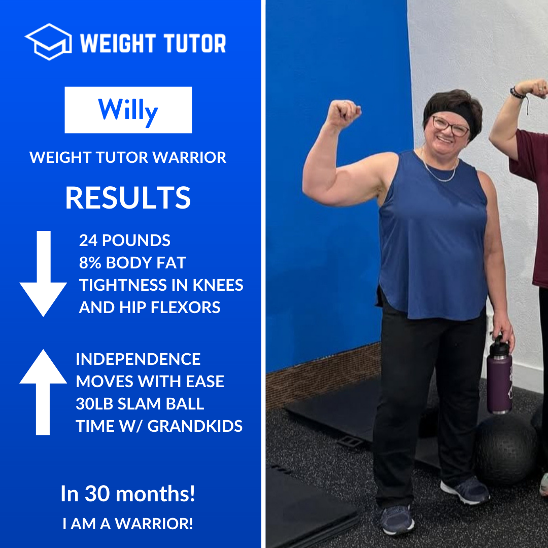 Weight Tutor client Willy celebrating improved independence, strength, and active time with grandchildren through women-only personal training.