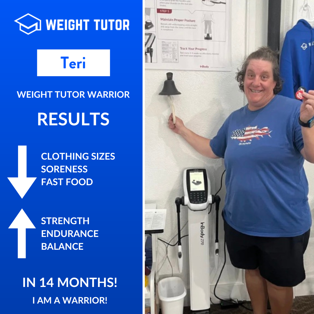 Weight Tutor client Teri celebrating reduced clothing sizes, improved endurance, and better movement through women-focused personal training and strength training.