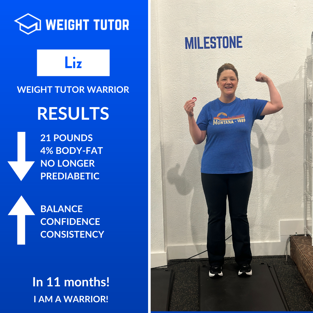 Weight Tutor client Liz highlighting improved metabolic health and balance after reversing prediabetes through women-only strength training.