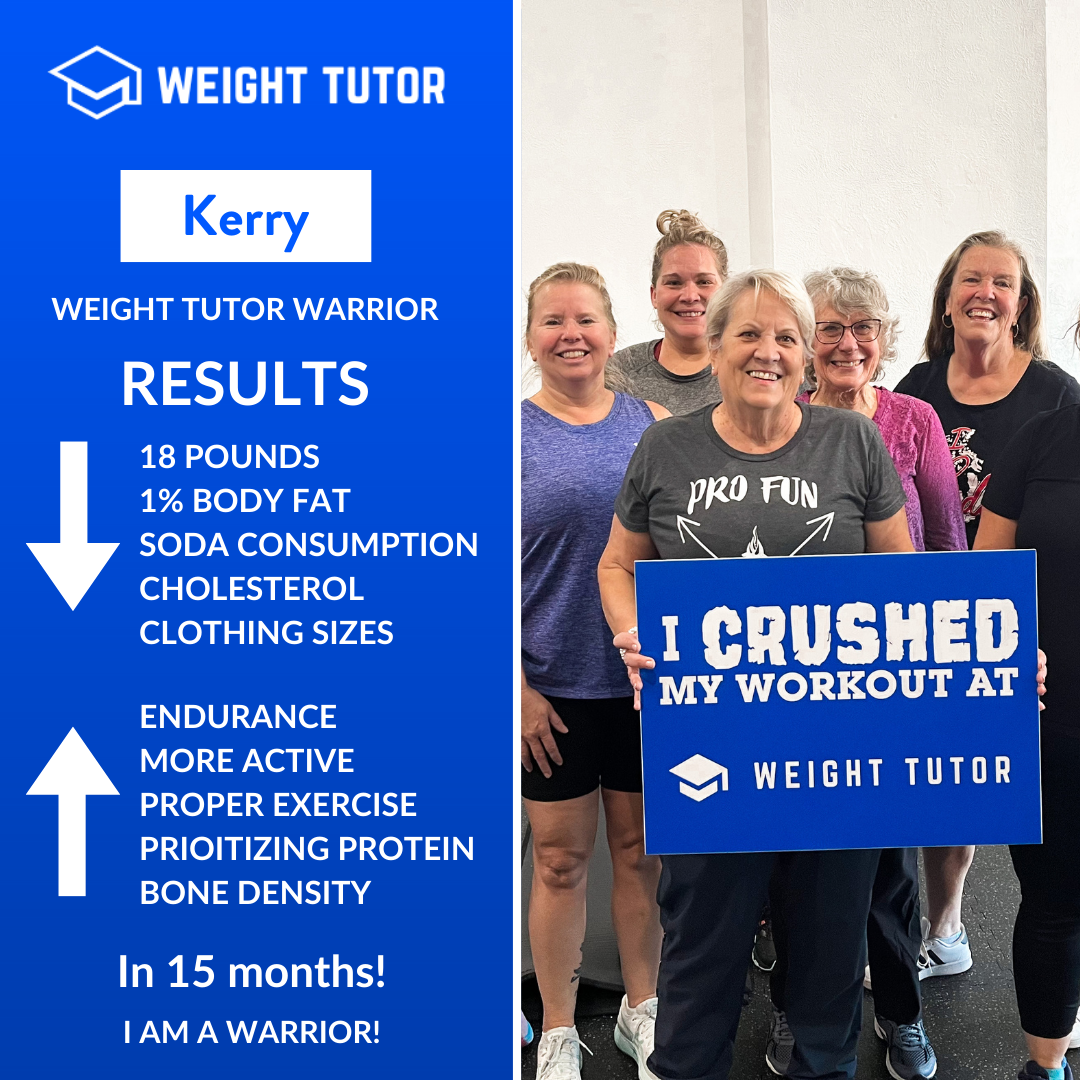 Weight Tutor client Kerry marking improved endurance, bone health, and confidence through women-focused strength training.