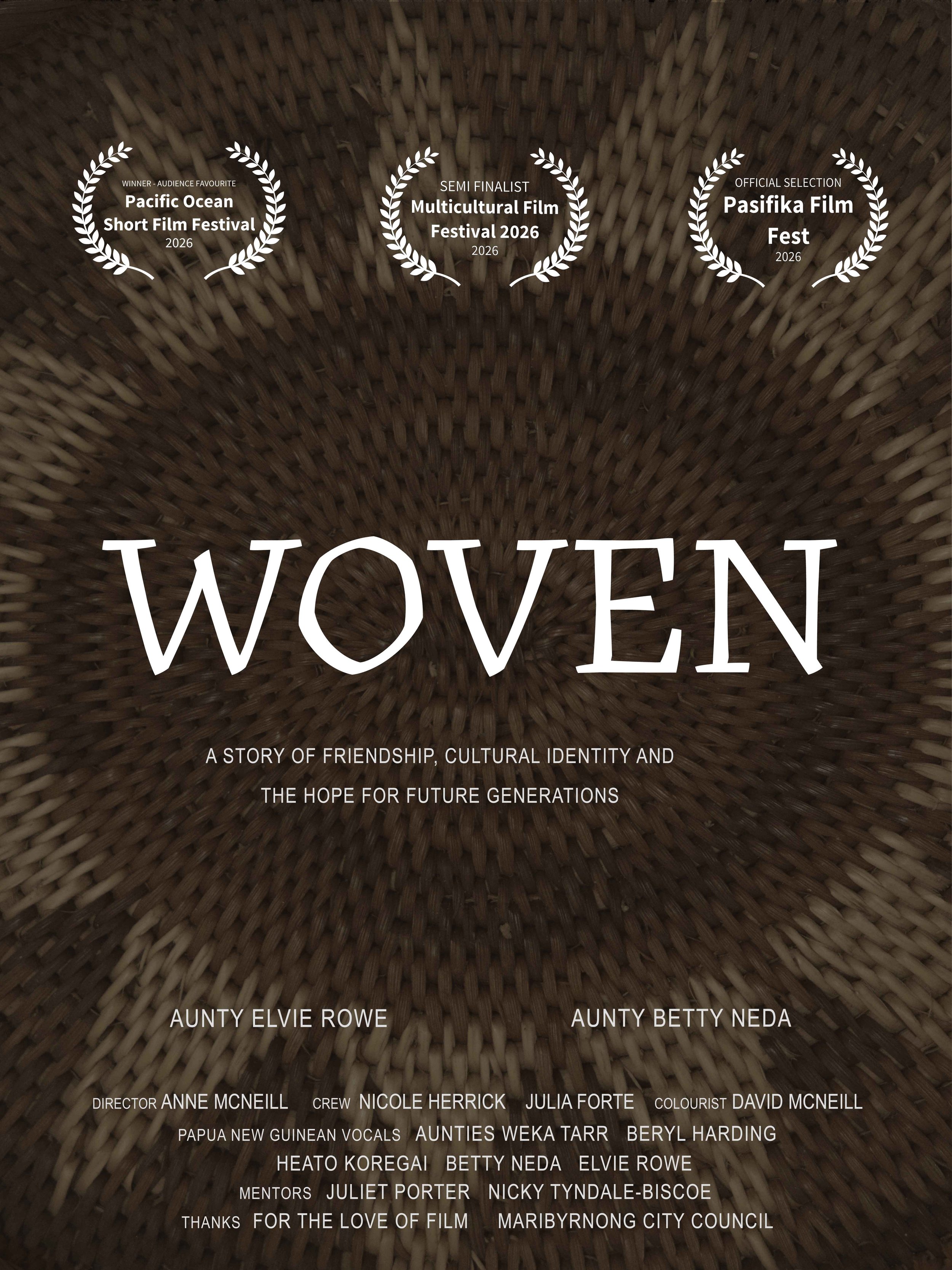 Detail image of a traditional Papua New Guinean woven tray, which as been used as a background for the documentary film poster for Woven