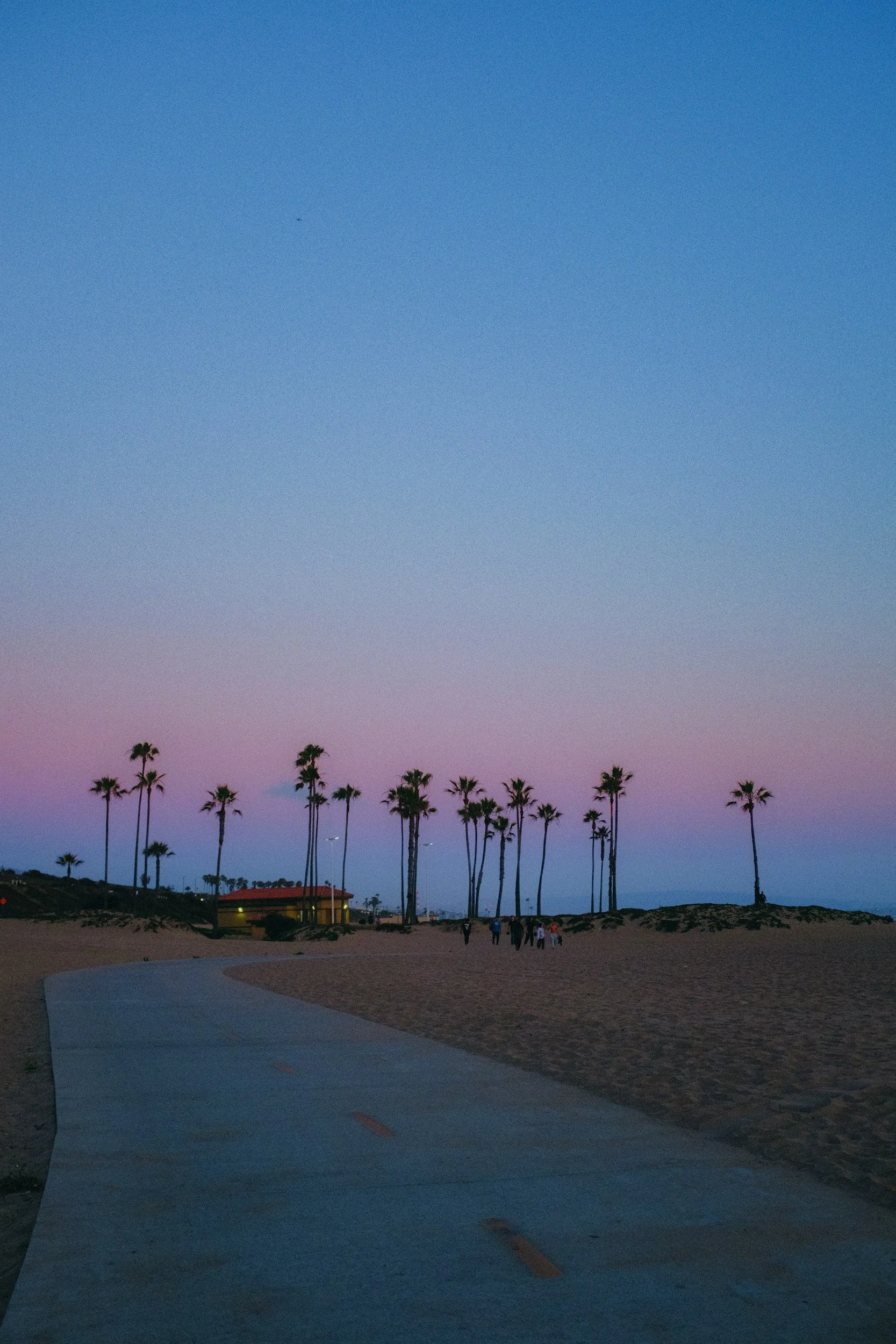 A sunset sky with hues of pink, purple, and blue over a beach scene with tall palm trees and a few people walking along a paved walkway.