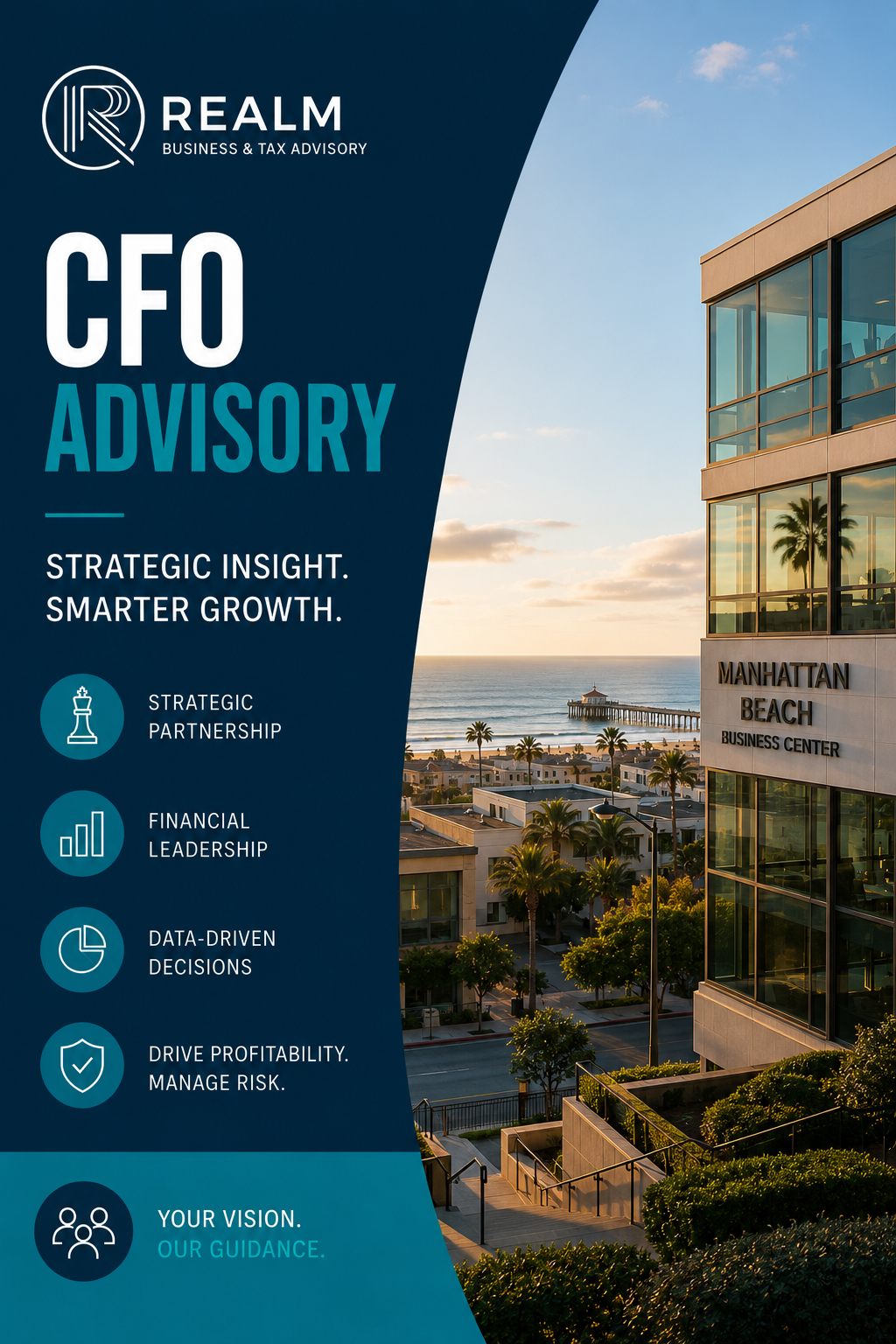 Advertisement for Realm Business and Tax Advisory featuring a cityscape of Manhattan Beach with ocean view, modern office building, palm trees, and sunset sky.