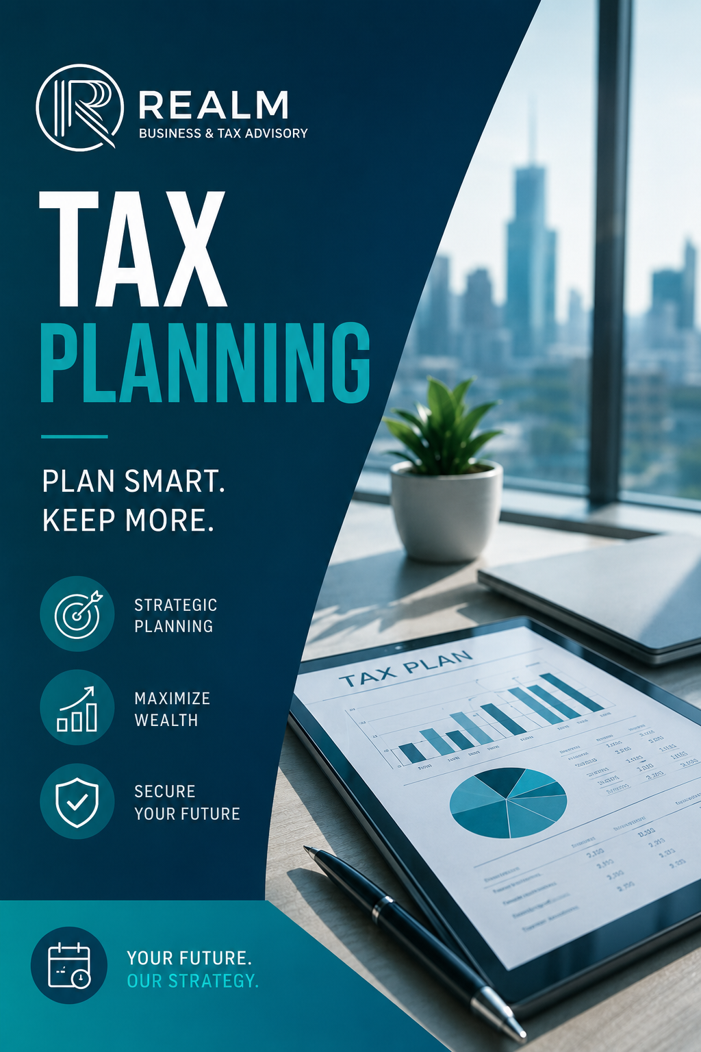 Poster advertising tax planning services by Realm Business & Tax Advisory in the South Bay, CA. Strategic planning, wealth maximization, and future security.