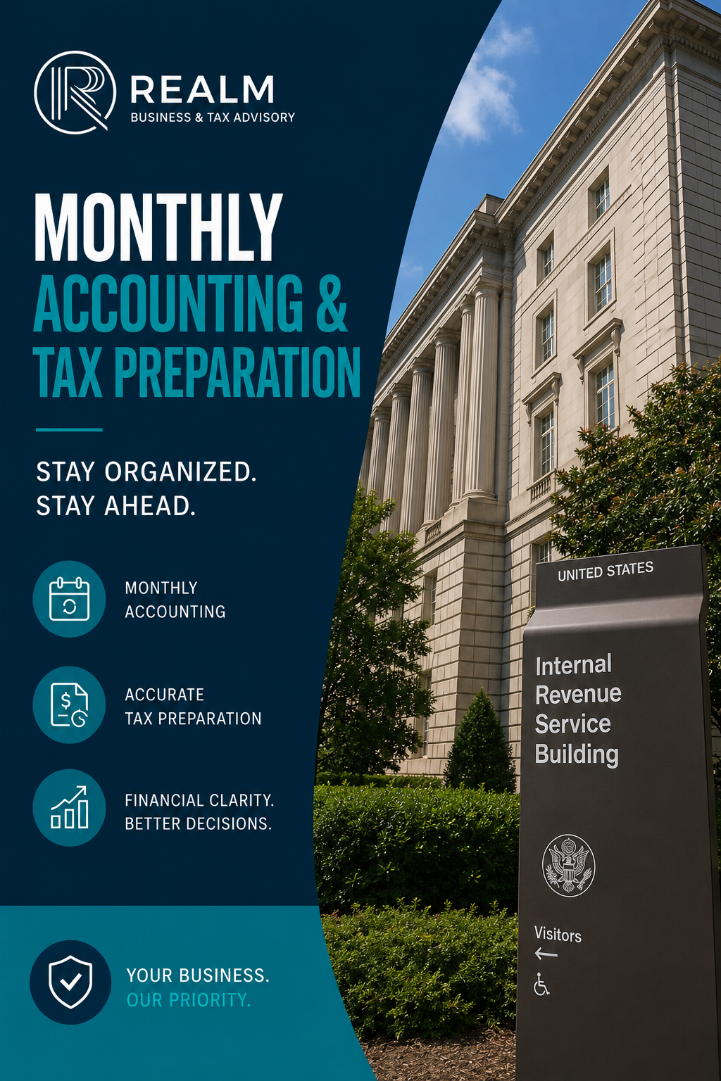 A promotional poster for Realm Business & Tax Advisory highlighting monthly accounting and tax preparation services in Hermosa Beach, Manhattan Beach, and Redondo Beach in California.