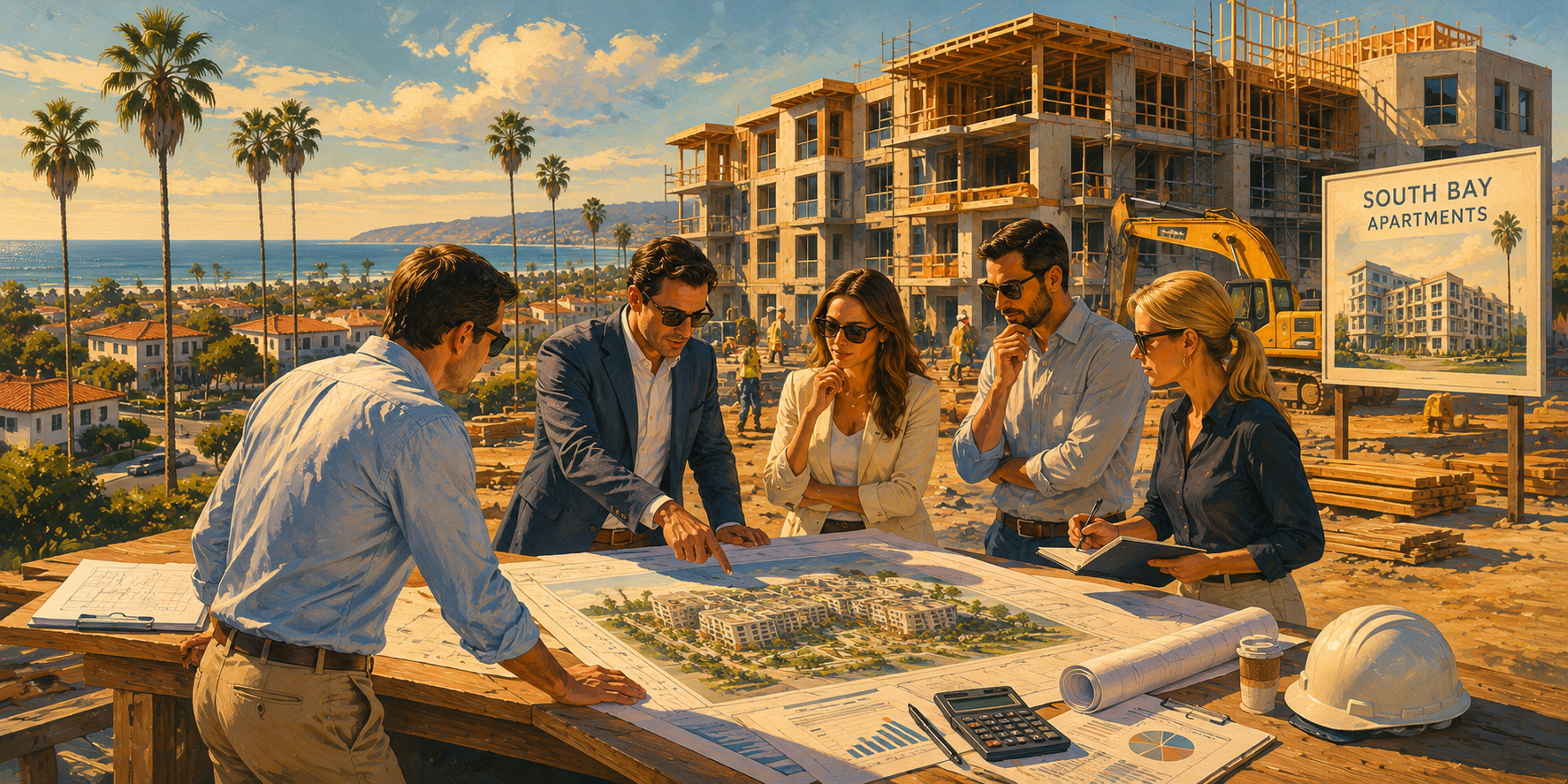 Architects and engineers reviewing construction plans at a building site with a large under-construction apartment complex, palm trees, and a scenic South Bay, CA Background.