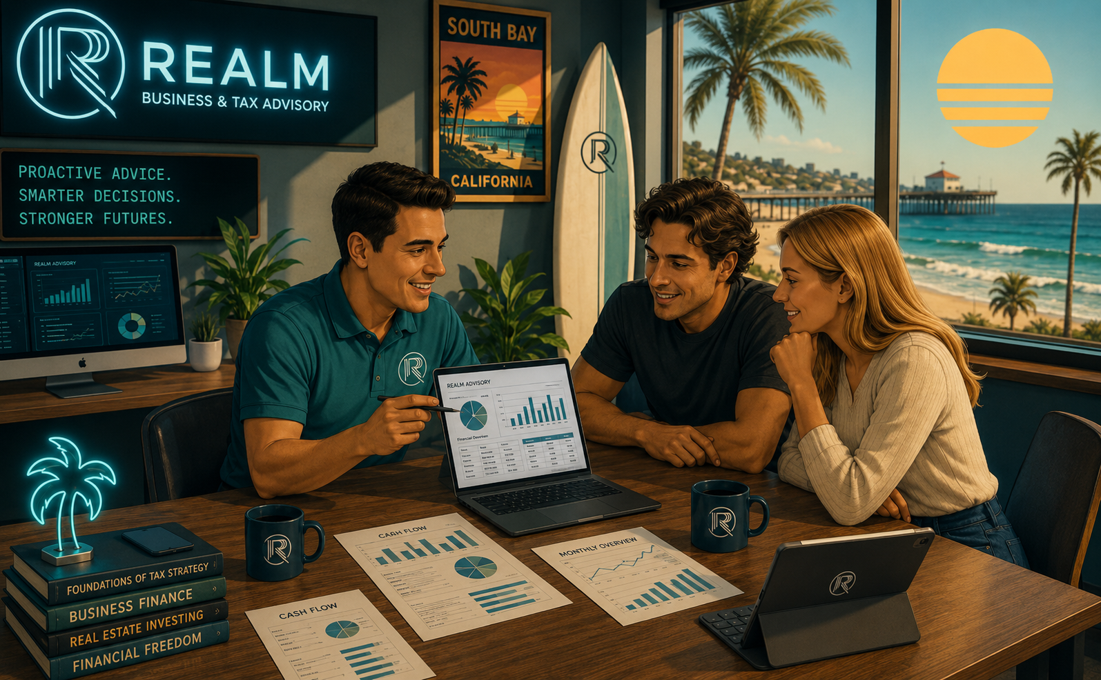 A group of three people having a business meeting at a desk with financial charts and documents, in a Hermosa Beach, CA office. There are posters and digital screens displaying the company name 'Realm Business & Tax Advisory.'