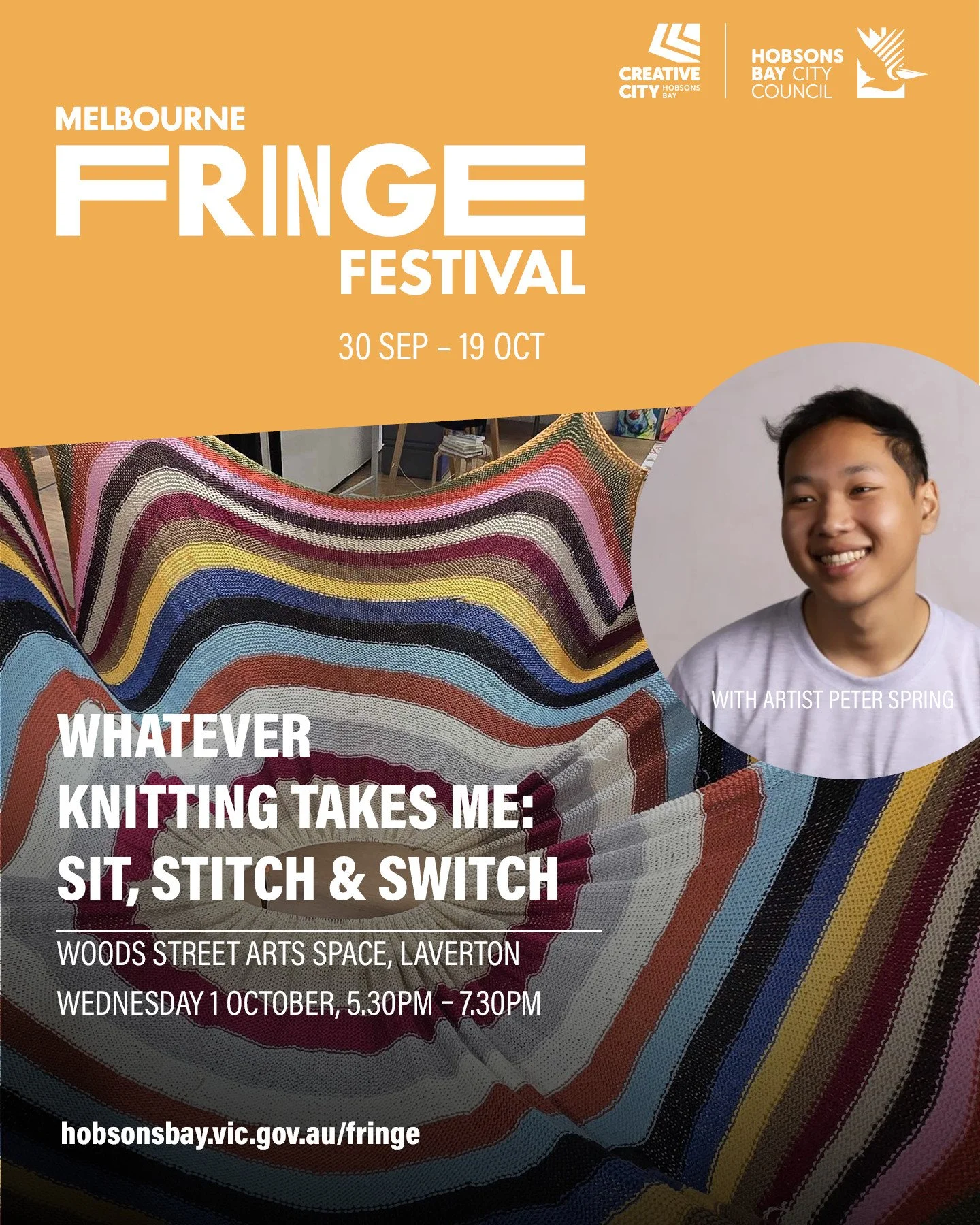 Next Wednesday, bring your knitting needles along to Woods Street Arts Space for a social knitting circle 'Sit, Stitch &amp; Switch' as part of artist Peter Spring's 'Whatever Knitting Takes Me' work for Melbourne Fringe! Join for a yarn with yarn in