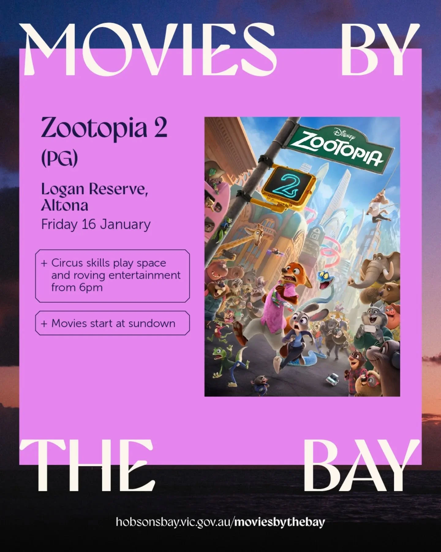 Our first Movies by the Bay event for 2026 is ZOOTOPIA 2! Bring a picnic blanket, stock up on treats from local traders, and settle in for a great night of free entertainment under the stars!

🗓️Friday 16 January
📽️Roving performers from 6pm, movie