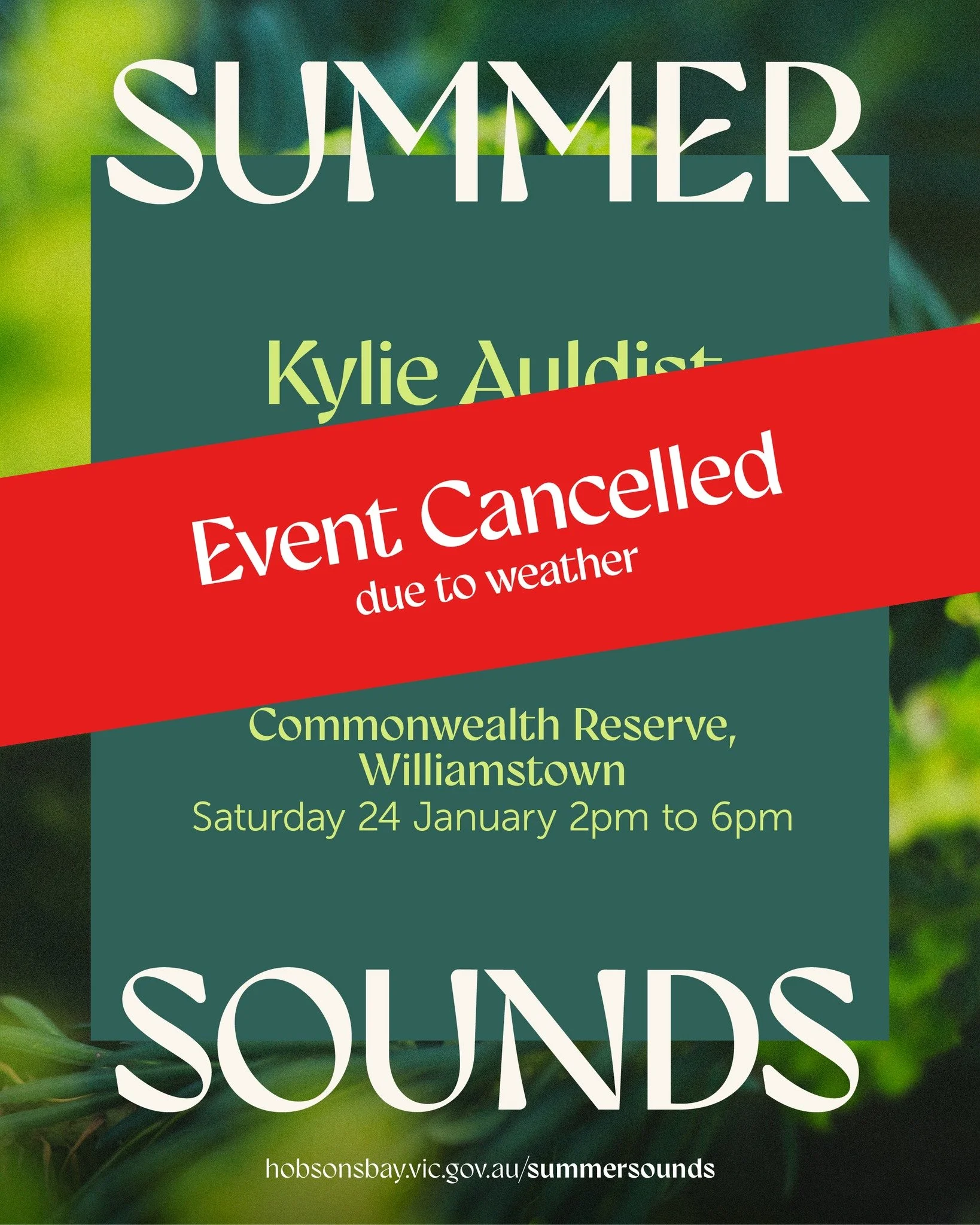 Due to the extreme heat forecast for this Saturday 24 January, we&rsquo;ve needed to cancel Summer Sounds in Williamstown.

Stay cool, everyone! 🏖️

Our next Summer Sounds in Altona is coming up on 14 February.

🎶

In other summer events news, stay