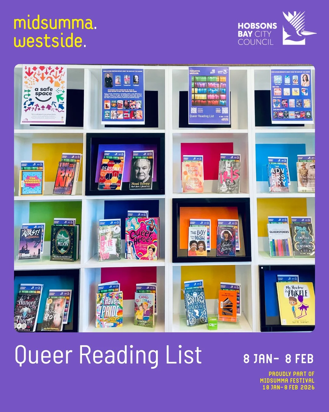 Keep cool at Hobsons Bay Libraries this week and discover a fabulous curated list of queer reads for all ages this Midsumma Festival 🌈⁠
⁠
You can also check out the list online via the link in our bio!⁠
⁠
#creativecityhobsonsbay #midsummawestside