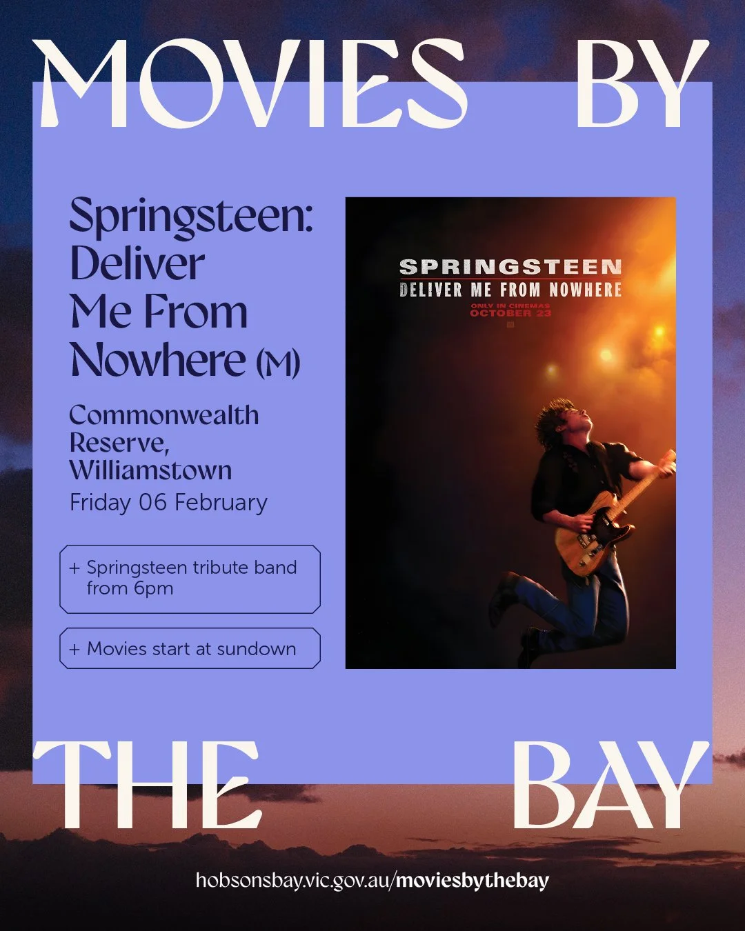 Join us for Movies by the Bay in Williamstown with a screening of music biopic 'Springsteen: Deliver Me from Nowhere' (M) this Friday 6 February at Commonwealth Reserve 🎸

Pack a picnic blanket, stock up on treats from local traders, and settle in f