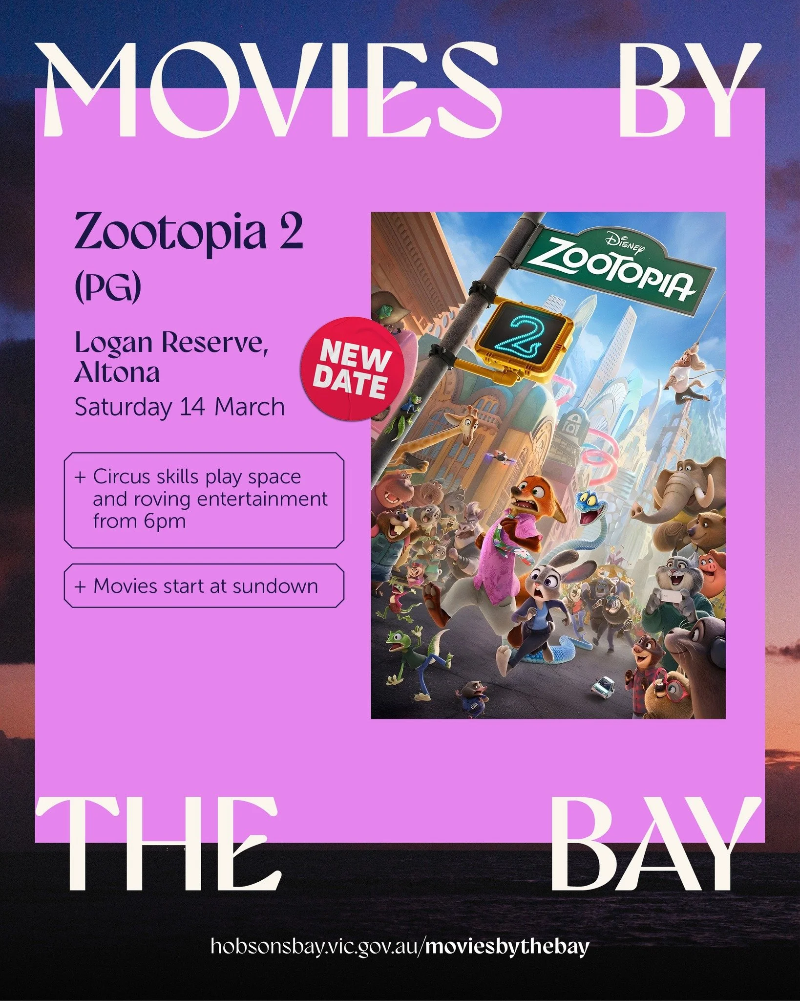 Save the date! Our rescheduled screening of ZOOTOPIA 2 in Altona is Saturday 14 March 📽️✨

Pack your picnic blanket, stock up on snacks from local traders, and enjoy the movie magic in a beautiful outdoor setting. 

🕕 Entertainment from 6pm, film s