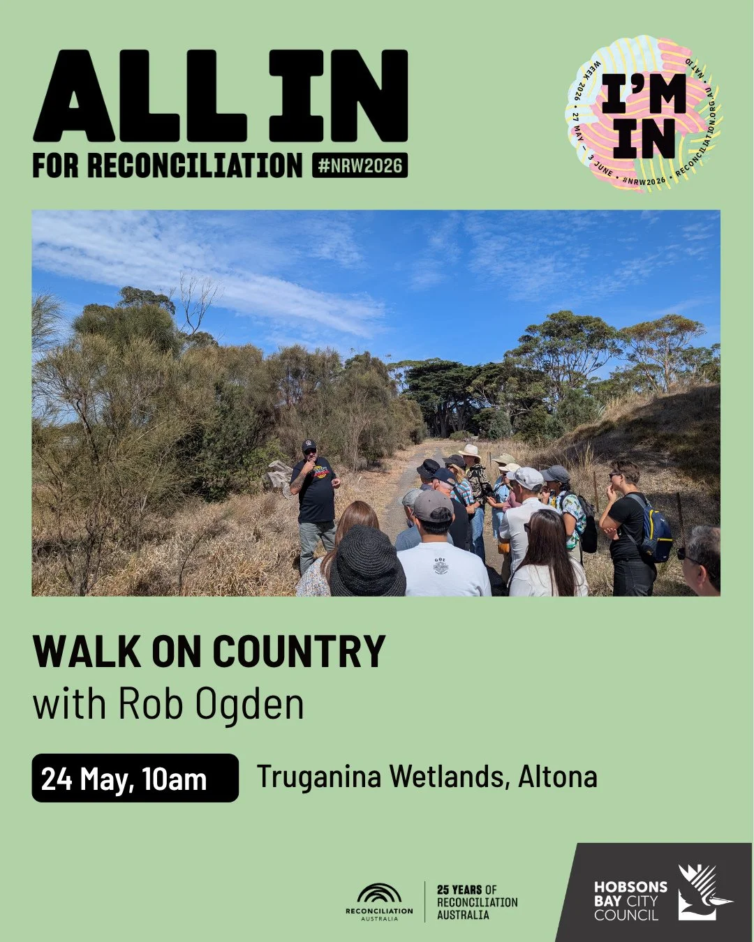 Join Traditional Custodian and heritage advisor Rob Ogden on a walk through a hidden wetland in Altona, as part of our National Reconciliation Week program in Hobsons Bay.⁠
⁠
📅 Sunday 24 May, 10am to 12pm⁠
📍Truganina Wetlands. Meet at the corner of
