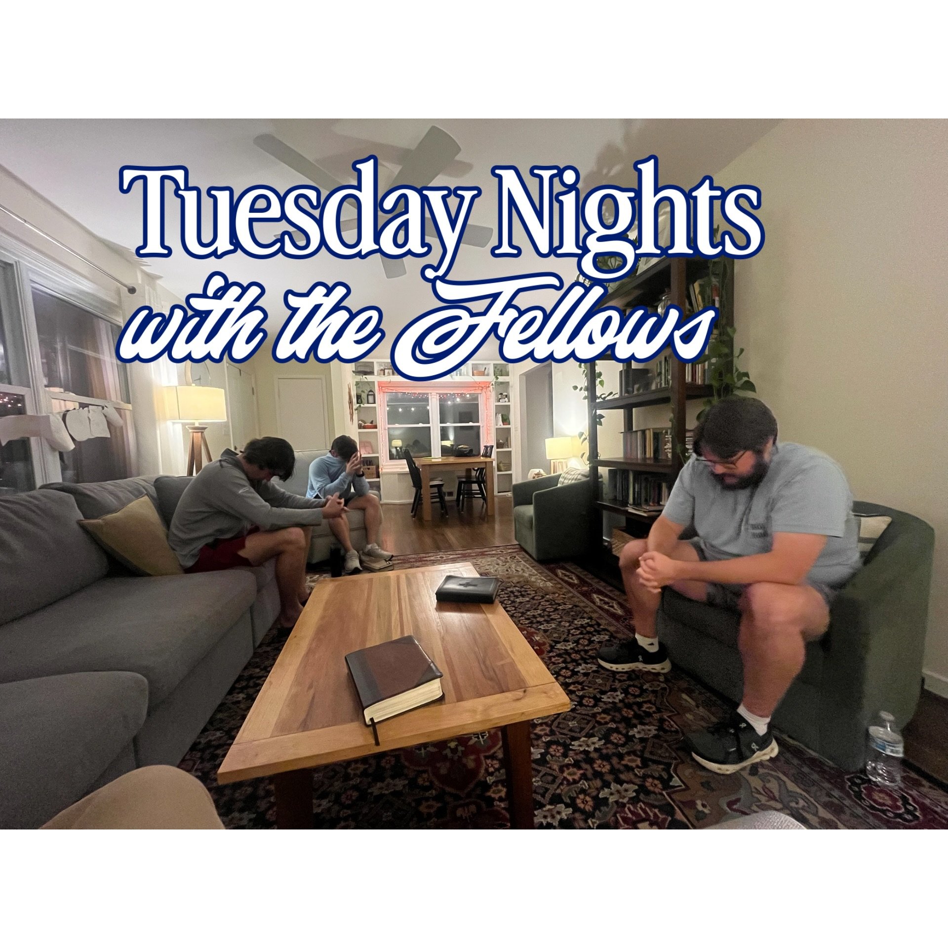 We like to mix things up on Tuesday nights! Guys and girls small groups meet every other week, and we do  fellowship nights on the alternating weeks.  During small group, fellows share encouragements and struggles from the week, we study God&rsquo;s 