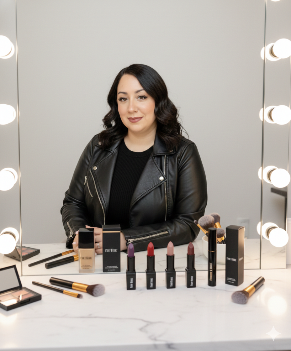 Mujer con cabello rizado y oscuro sentada frente a un espejo con luces de estilo tocador, rodeada de diferentes productos de maquillaje, incluyendo labiales, brochas y bases.