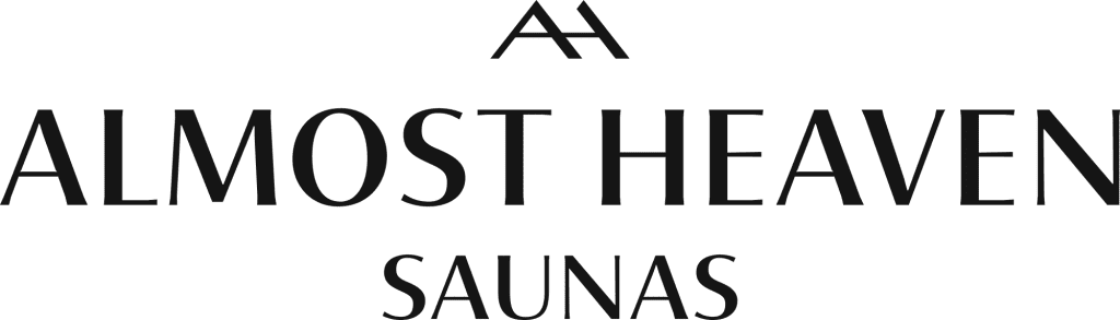 Black text on a white background says 'Almost Heaven Saunas ' with the word 'Heaven' arranged vertically.