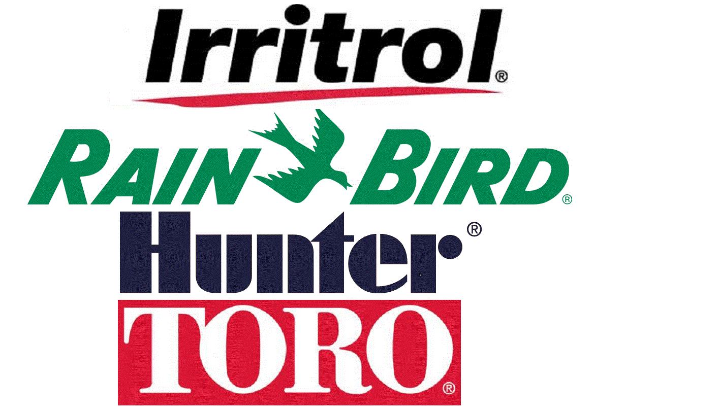 Logos of four brands: Irritrol at the top in black text with red underline, Rain Bird in green with a bird silhouette, Hunter in dark blue, and Toro in white text on a red background.