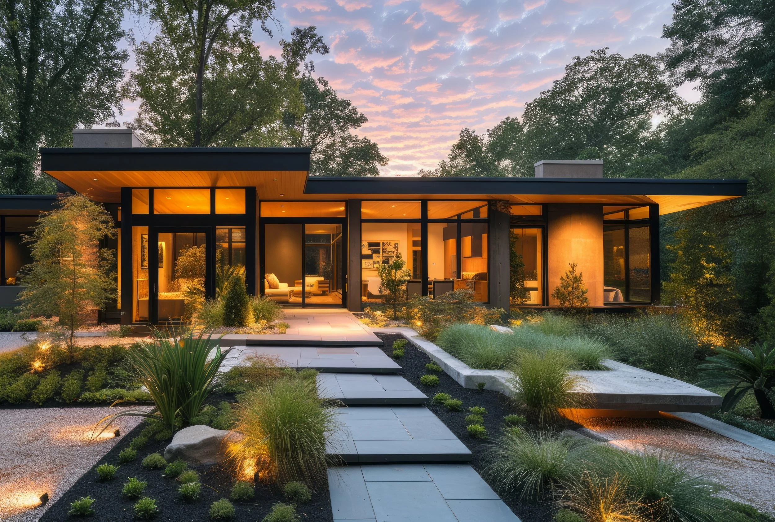 Modern house with large glass windows illuminated from inside, surrounded by landscaped garden and trees at sunset.