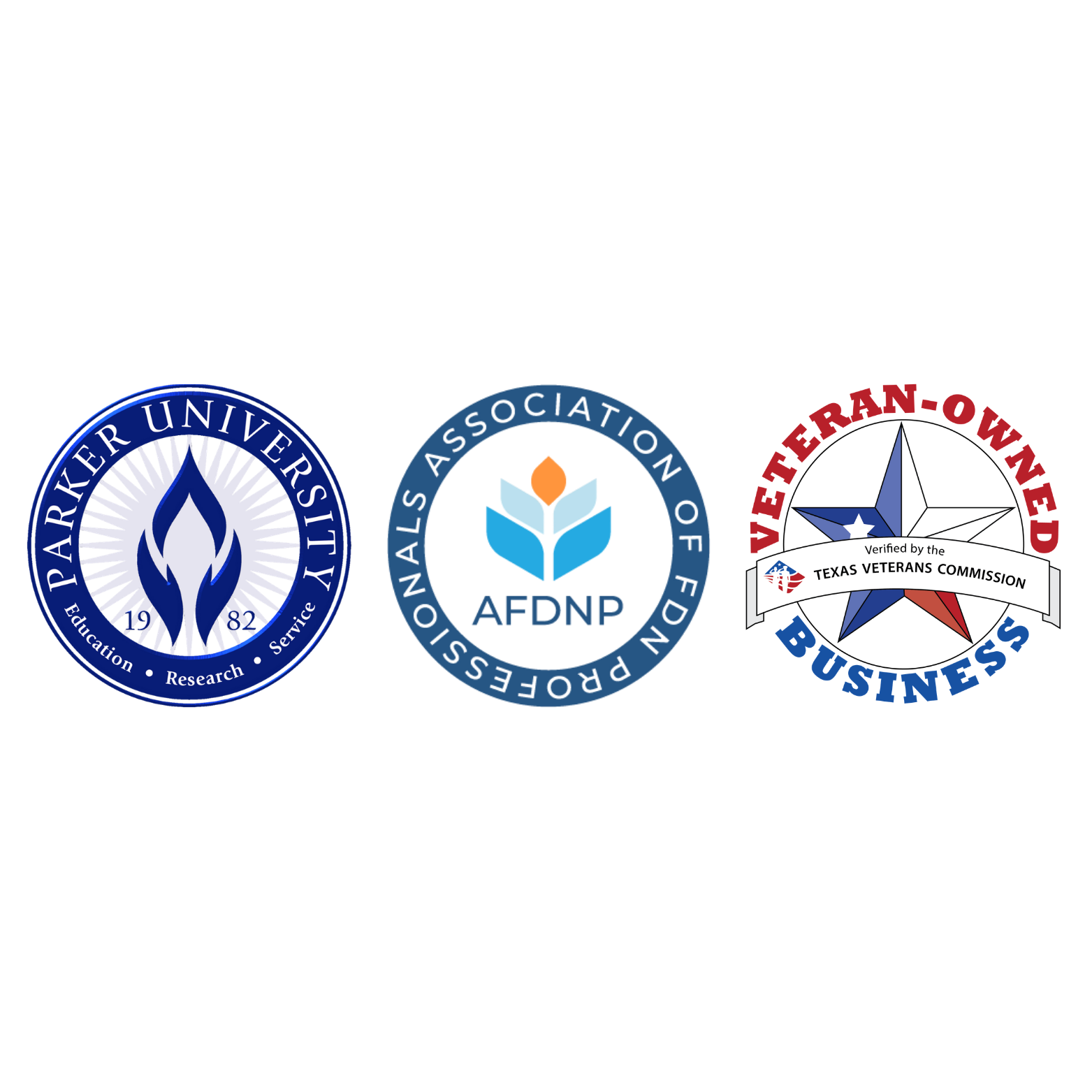 Logos of Parker University, Association of Chiropractic Colleges, and Texas Veterans Business.