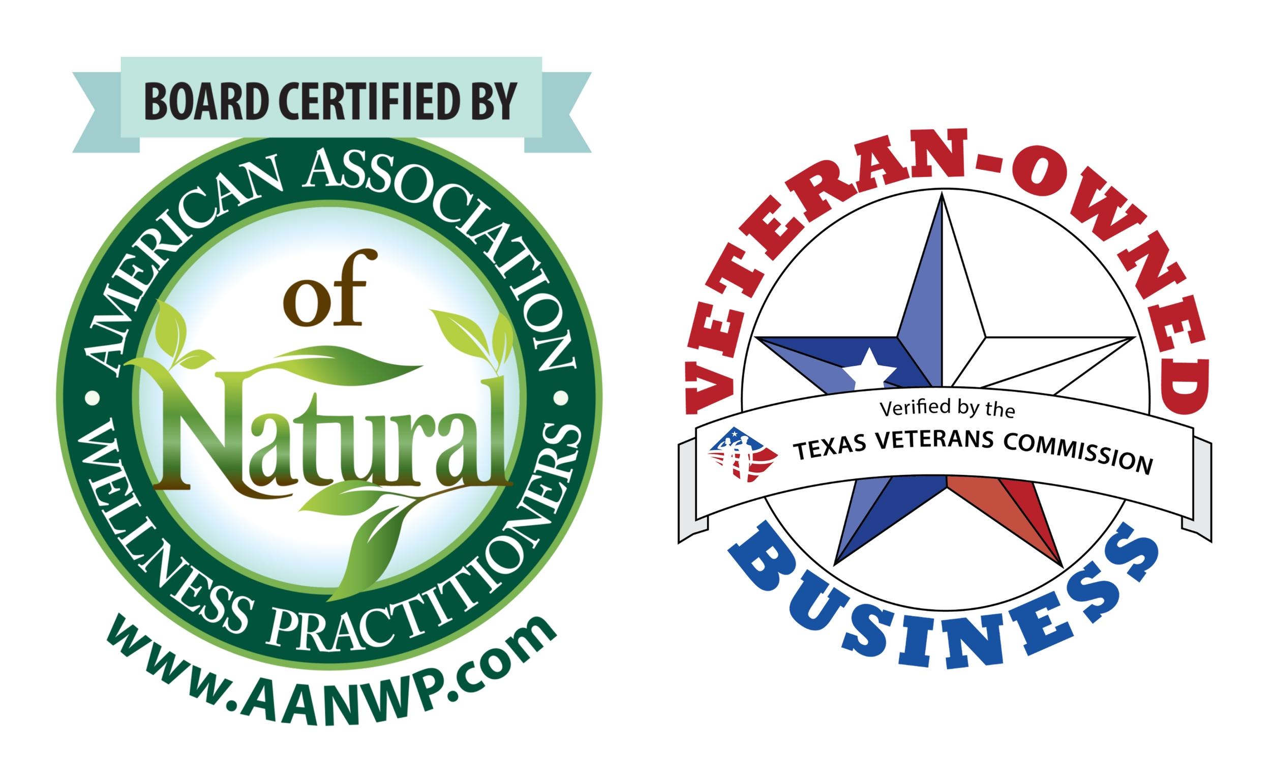Board Certification badge for the American Association of Natural Practitioners, Logo verified by the Texas Veterans Commission.