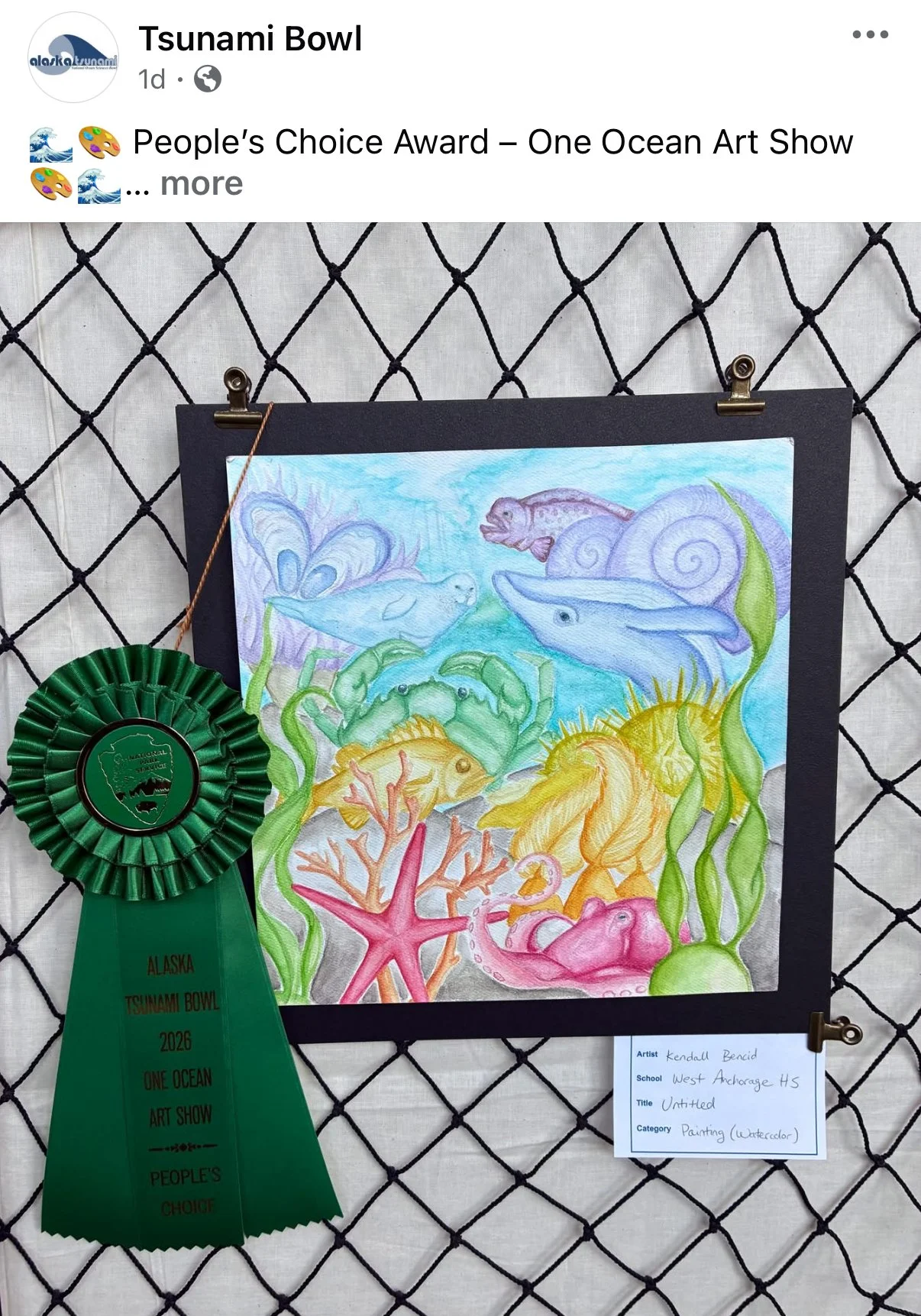 Kendall Bencid's painting from the 2026 Tsunami Bowl One Ocean Art Show, which was awarded the People's Choice Award 