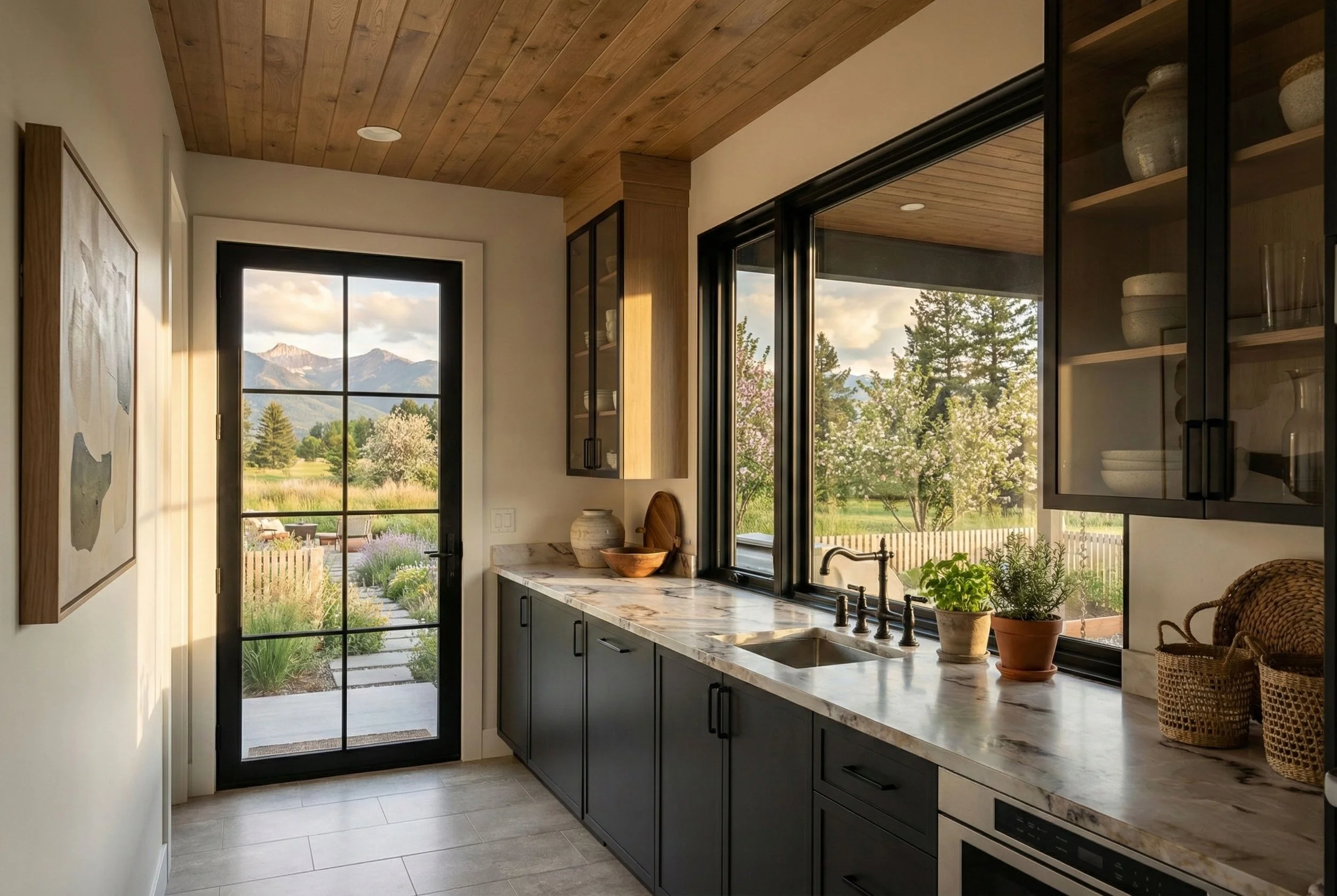 Kitchen with black cabinets, marble countertop, and large windows showing a garden and mountains in the distance.