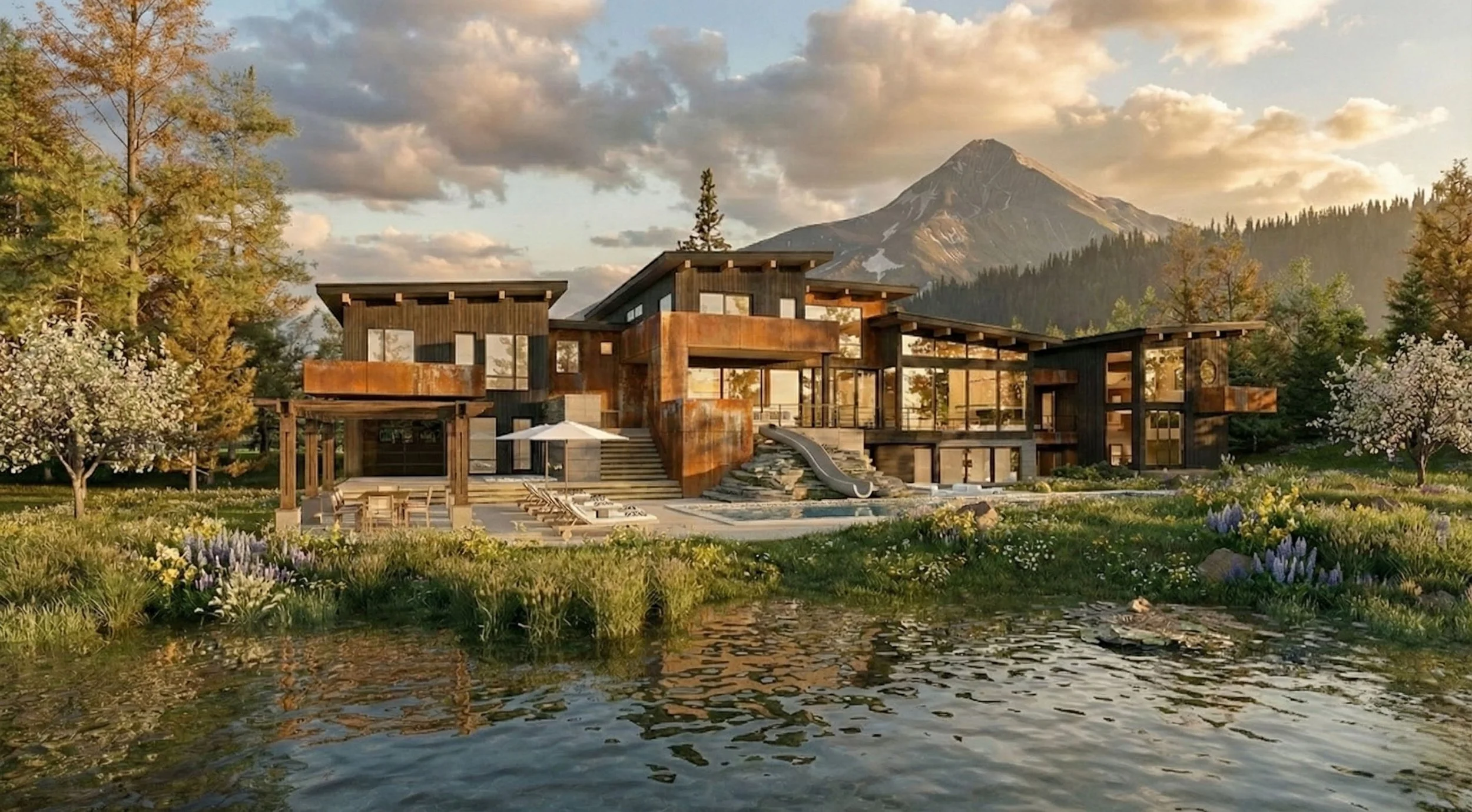 A luxury mountain home reflected in a calm water feature at sunset, highlighting the connection between architecture, landscape, and natural light. The design emphasizes serenity, balance, and site integration.