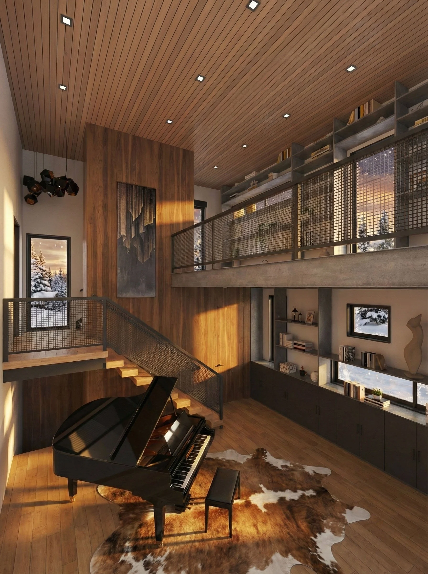 A dramatic double-height interior featuring a sculptural stair, custom wood paneling, and layered lighting. The space emphasizes vertical volume, material warmth, and refined craftsmanship within a modern mountain residence.