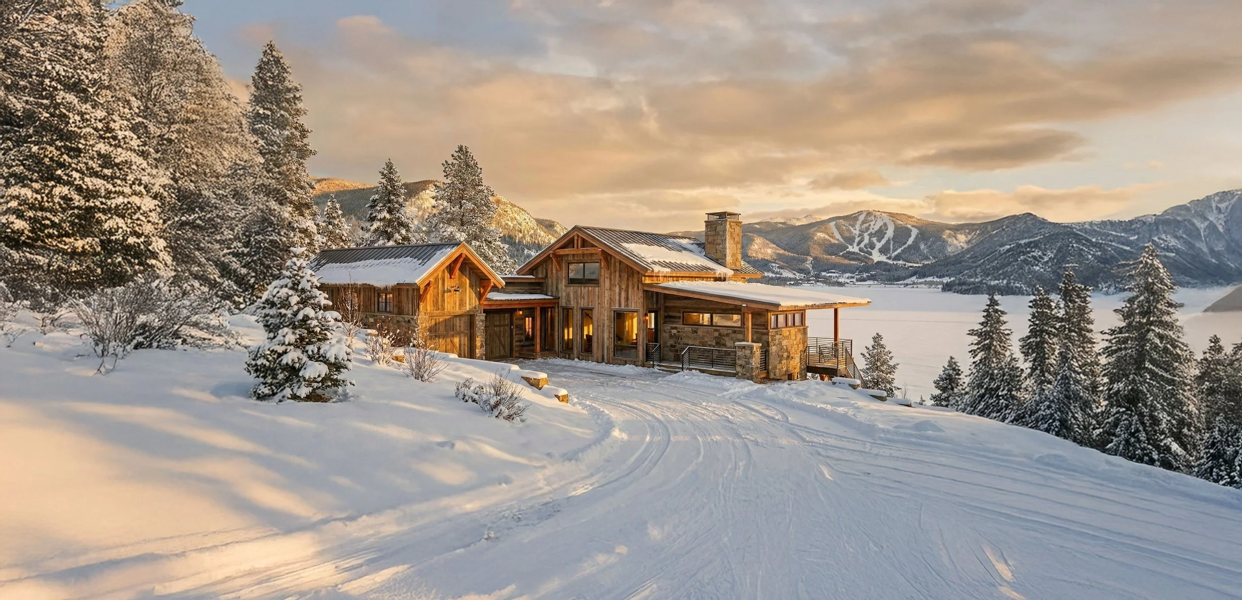 A cozy wooden house in a snowy landscape during sunset, surrounded by snow-covered trees and mountains in the background.