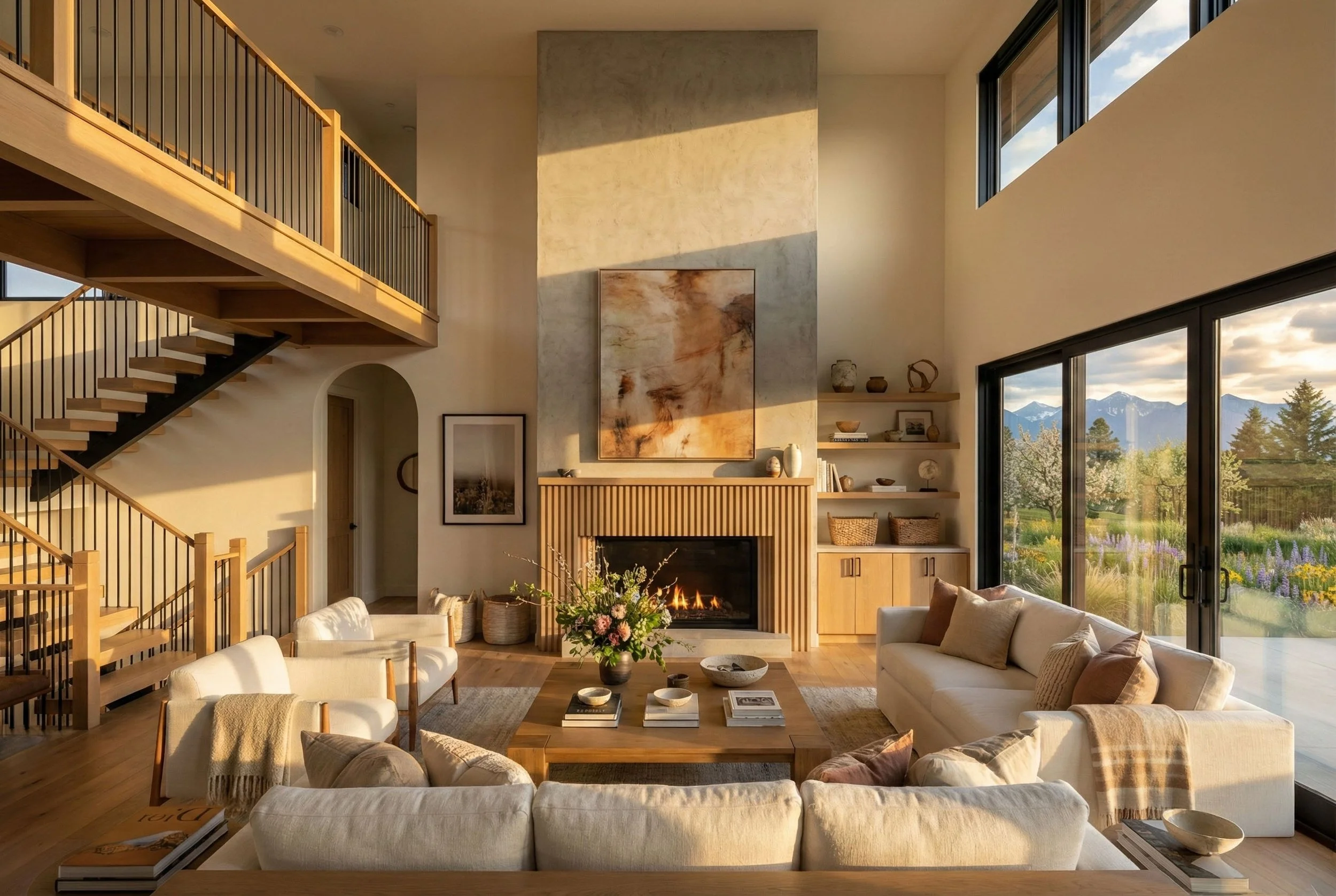 Interior of a living room with large windows showing mountains, a fireplace, beige couches, a wooden coffee table, and decorative shelves.