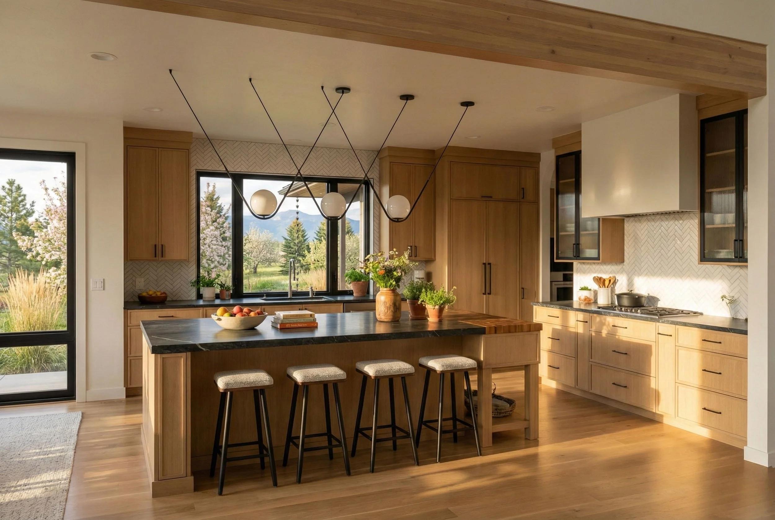 Modern kitchen with wooden cabinetry, black countertops, central island with bar stools, and large windows showing a garden view