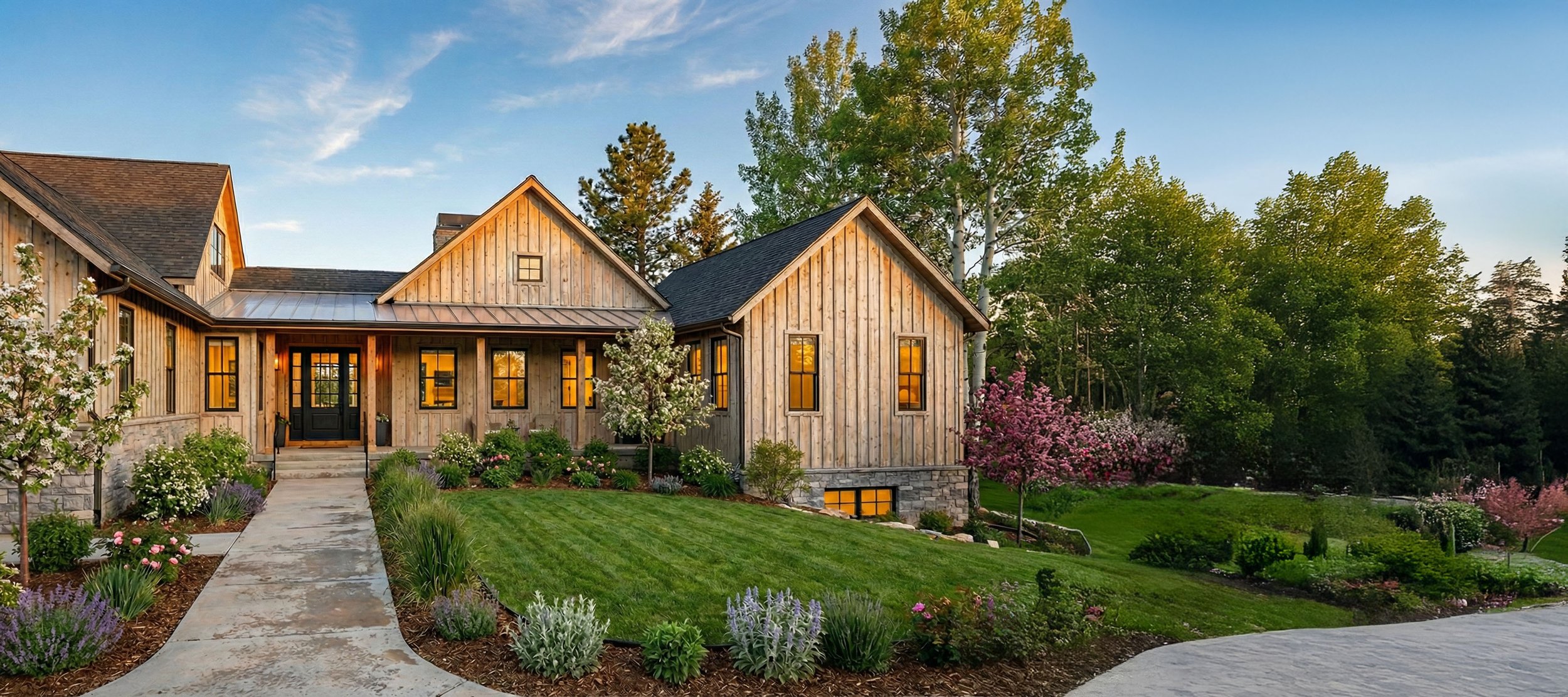 Beautiful house with wooden exterior, surrounded by lush green lawn, flowering trees, and landscaping under a clear evening sky.