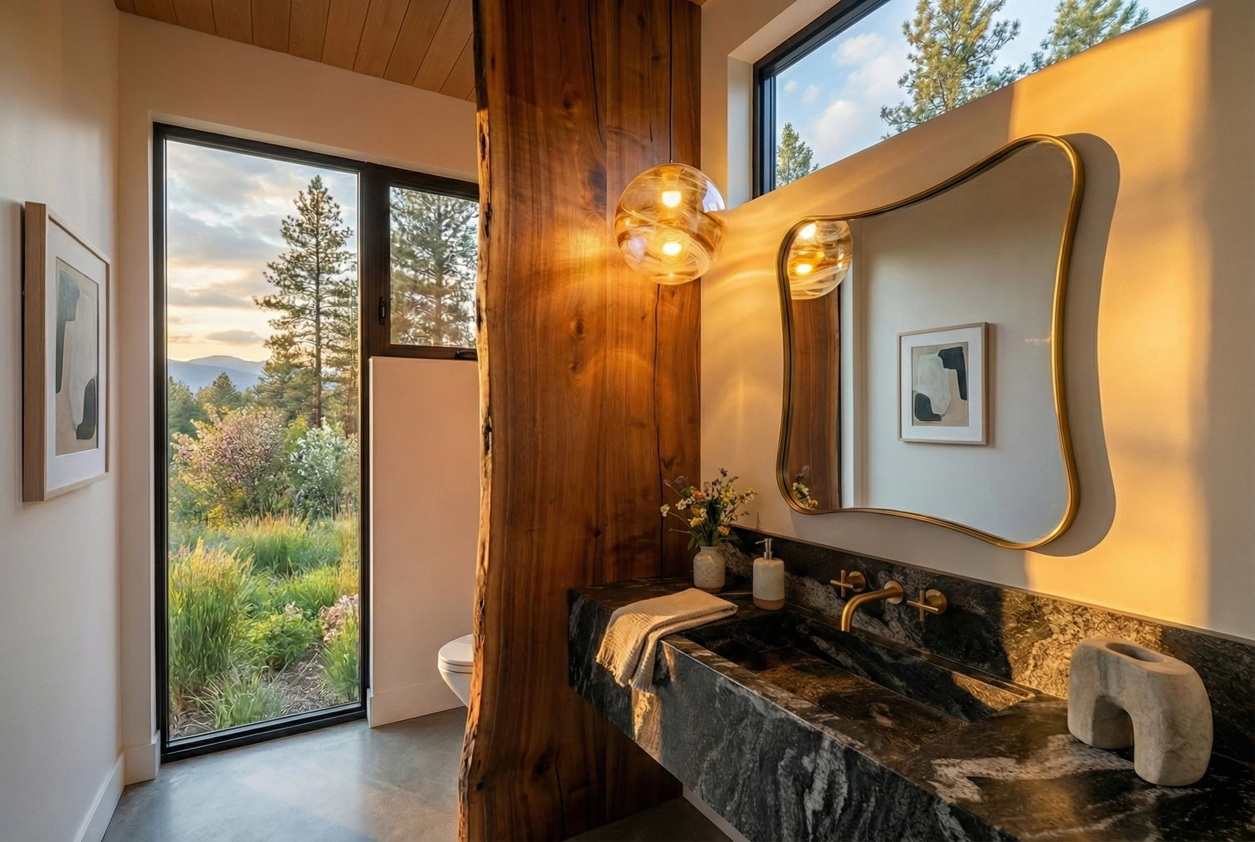 Modern bathroom with a black marble vanity, a gold-framed mirror, two gold wall lights, a small vase with flowers, and a towel. Large windows show an outdoor garden with trees and mountains.