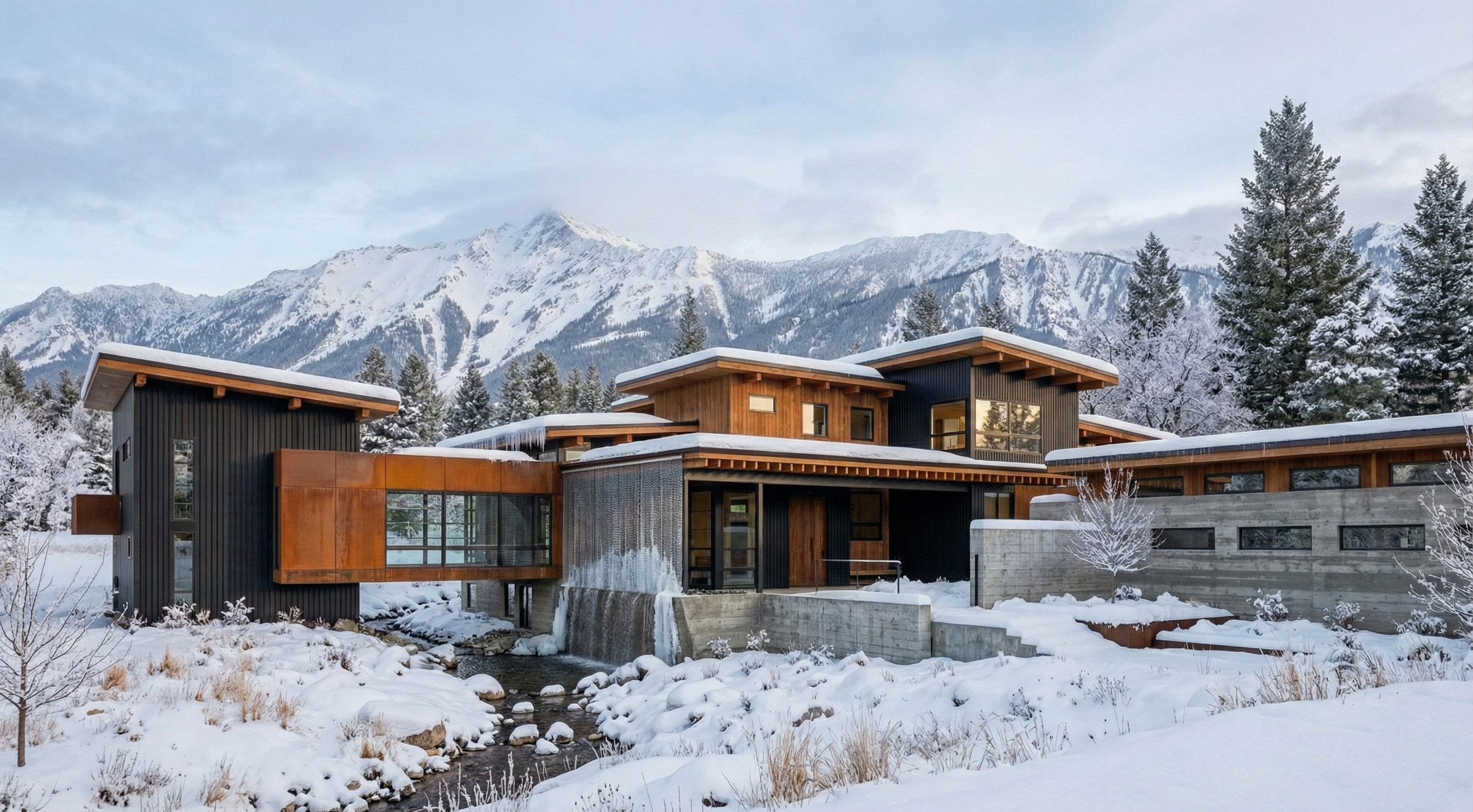 A contemporary mountain home set against a snow-covered alpine backdrop in Big Sky Montana, defined by horizontal massing, natural wood cladding, and expansive glazing. The architecture balances modern form with rugged environmental context.